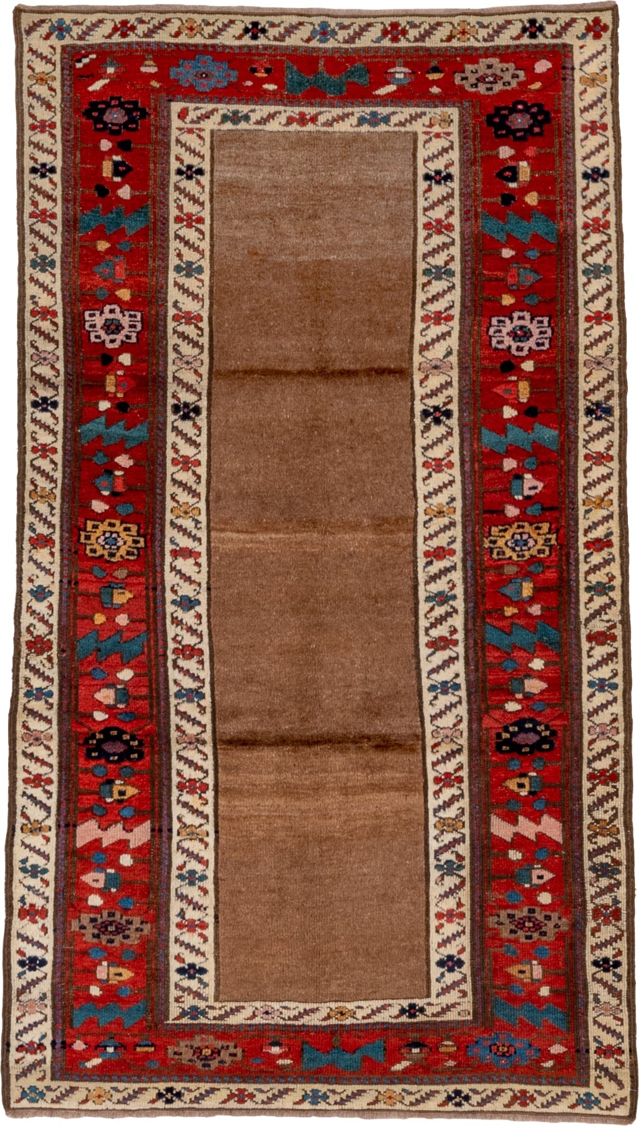 3' x 6' one-of-a-kind handmade antique NW Persian small size rug. Color palette: red, camel, ivory, teal, navy, brown, gold