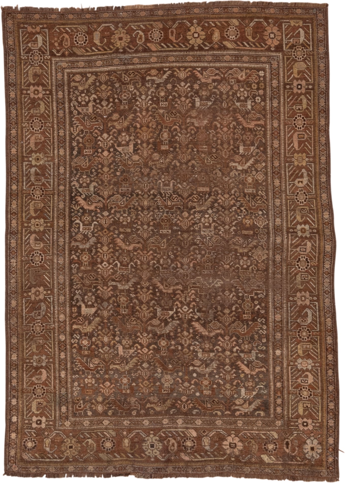 4' x 6' one-of-a-kind handmade vintage Shiraz small size rug. Color palette: brown, camel, ivory, taupe, rust, charcoal