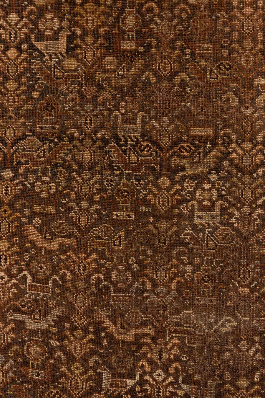 4' x 6' one-of-a-kind handmade vintage Shiraz small size rug. Color palette: brown, camel, ivory, taupe, rust, charcoal