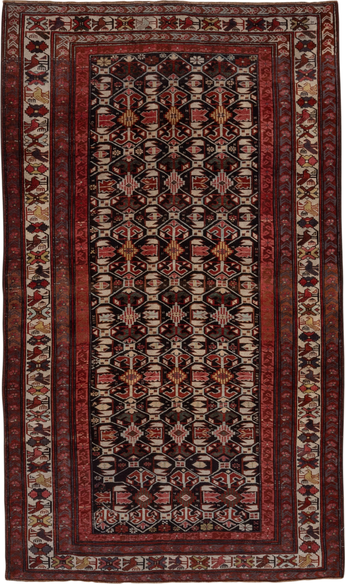 4' x 7' one-of-a-kind handmade antique Kuba rug. Color palette: burgundy, ivory, charcoal, rust, crimson, gold, taupe, gray