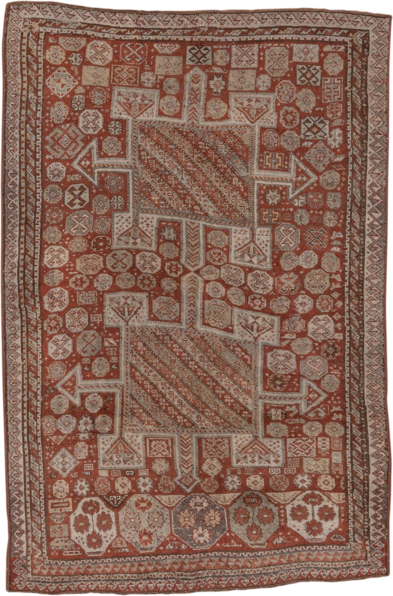4' x 7' one-of-a-kind handmade antique Kurd rug. Color palette: rust, ivory, terra cotta, brown, taupe, charcoal, terracotta