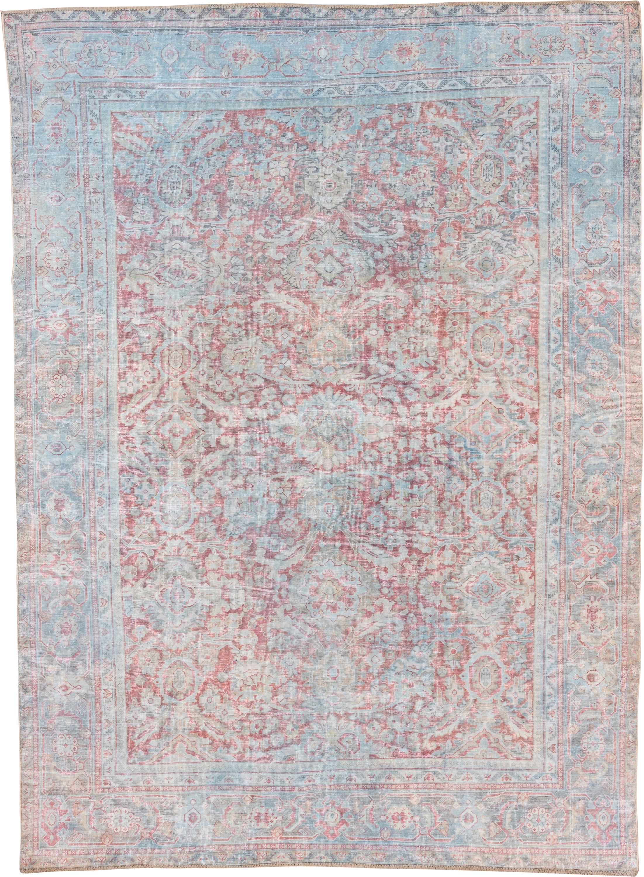 7' x 10' one-of-a-kind handmade antique Mahal large size rug. Color palette: sky blue, rose, ivory, taupe, blush, pale aqua