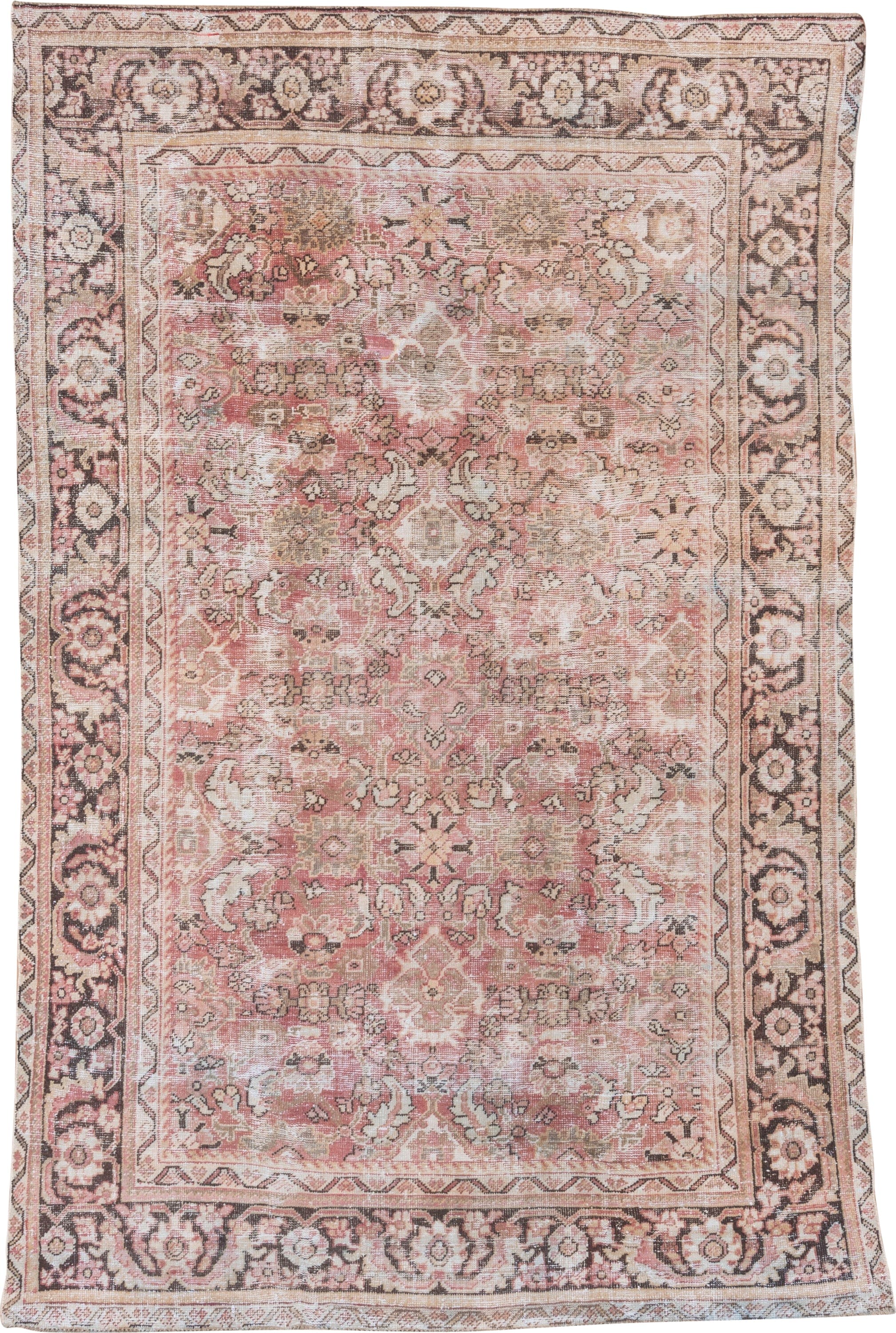 6' x 10' one-of-a-kind handmade antique Mahal large size rug. Color palette: rose, ivory, brown, taupe, blush, charcoal