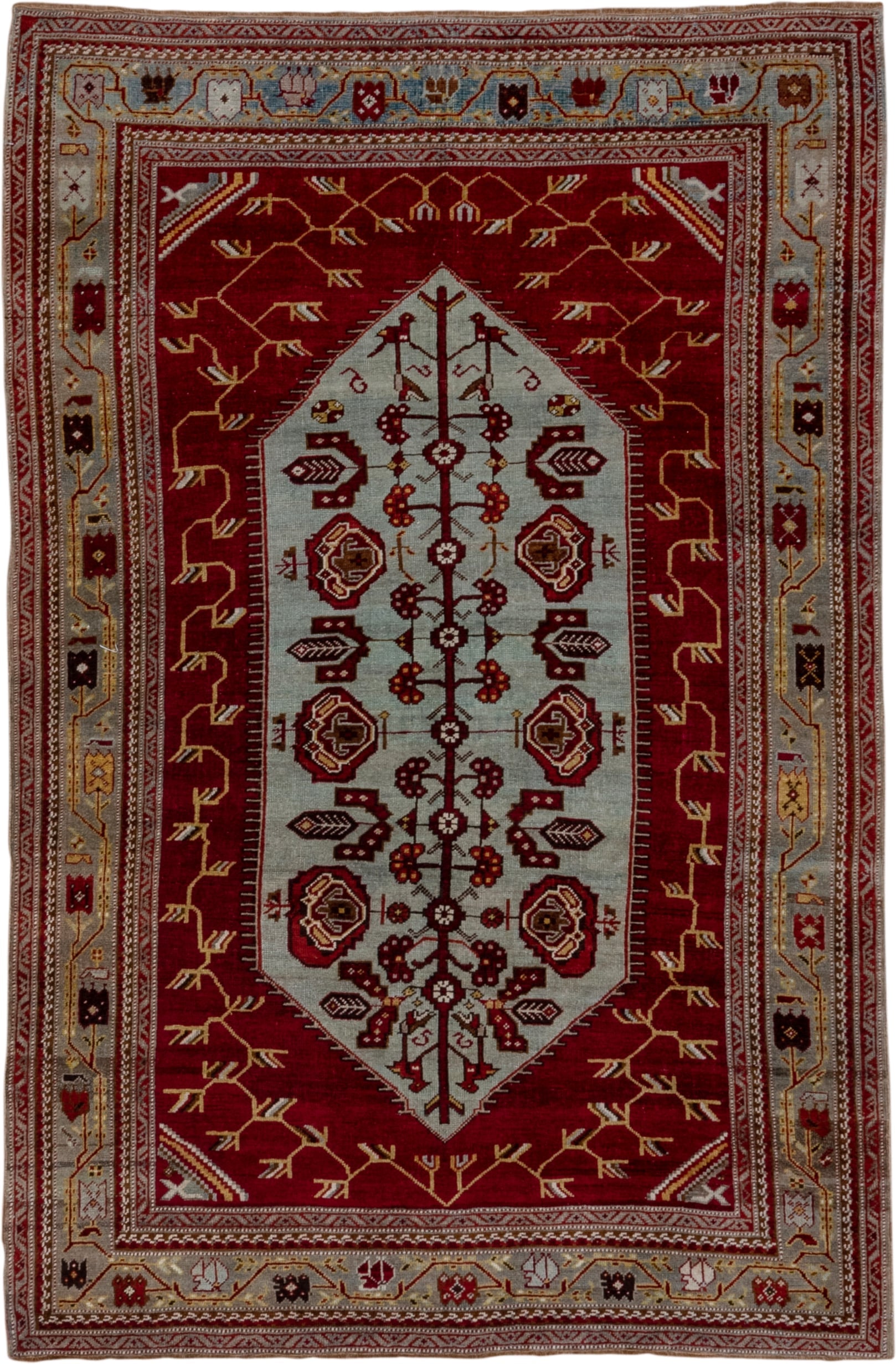 5' x 7' one-of-a-kind handmade antique Oushak rug. Color palette: red, ivory, burgundy, camel, gold, brown, beige