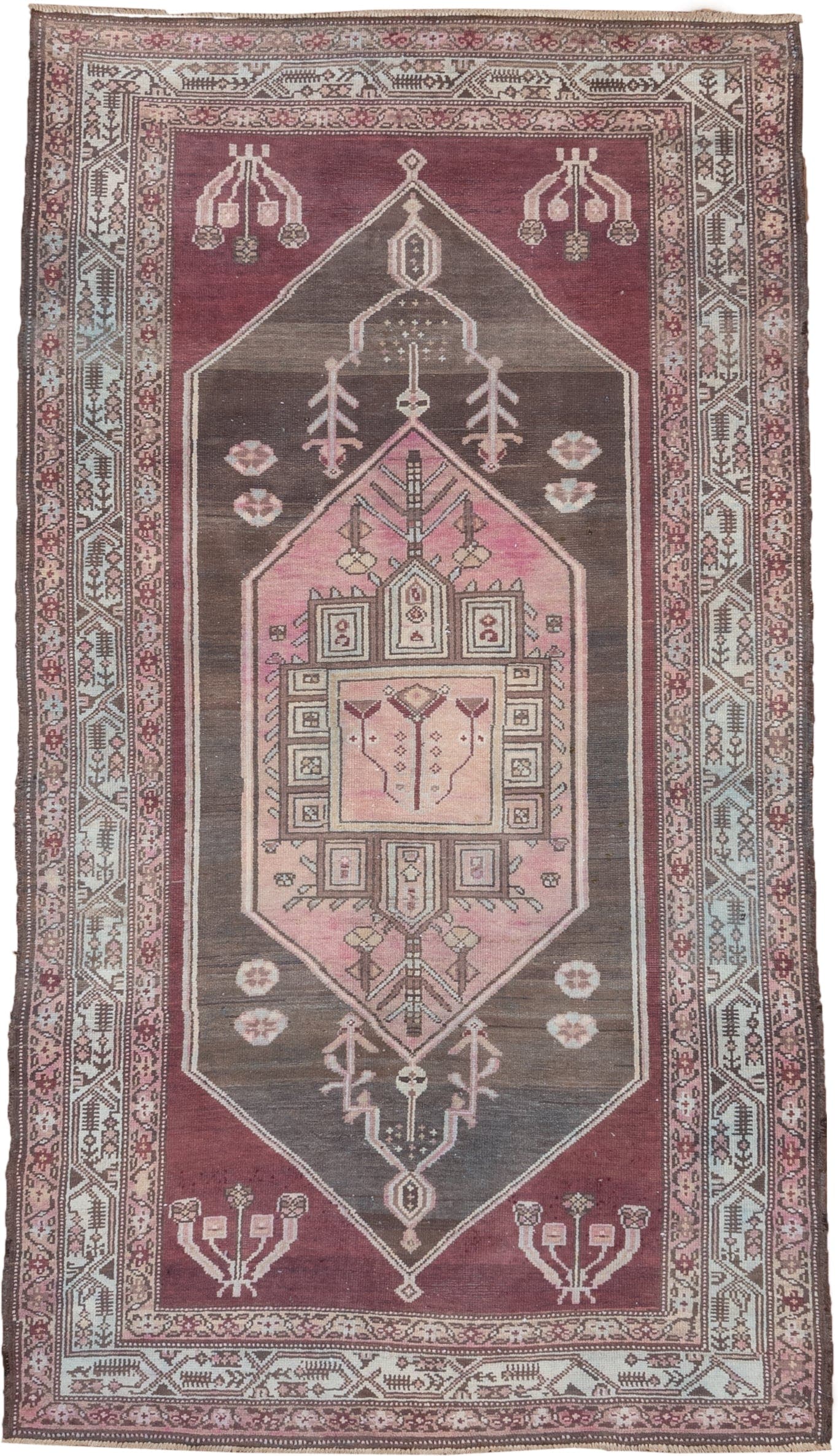 4' x 7' one-of-a-kind handmade antique Malayer rug. Color palette: rose, brown, ivory, dusty pink, taupe, burgundy, charcoal