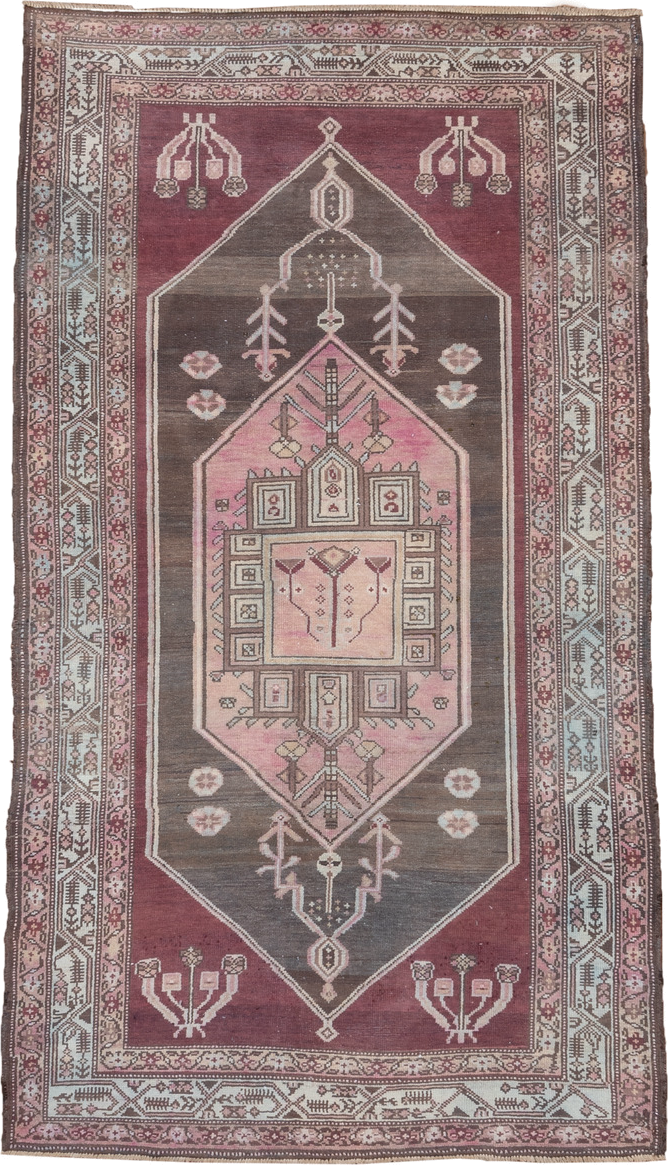 4' x 7' one-of-a-kind handmade antique Malayer rug. Color palette: rose, brown, ivory, dusty pink, taupe, burgundy, charcoal