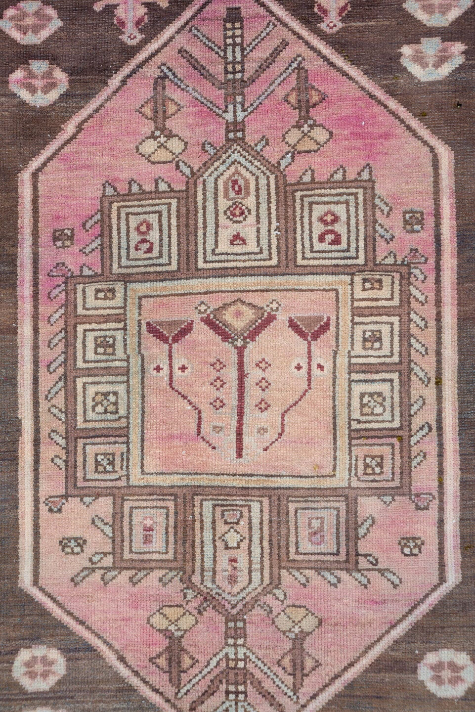 4' x 7' one-of-a-kind handmade antique Malayer rug. Color palette: rose, brown, ivory, dusty pink, taupe, burgundy, charcoal