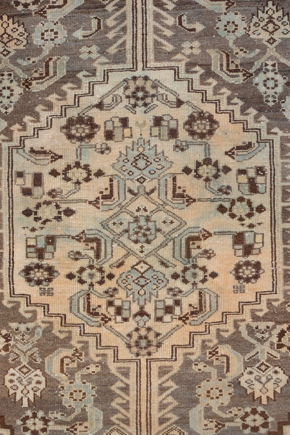 4' x 6' one-of-a-kind handmade antique Shiraz small size rug. Color palette: ivory, taupe, brown, pale blue, camel, charcoal