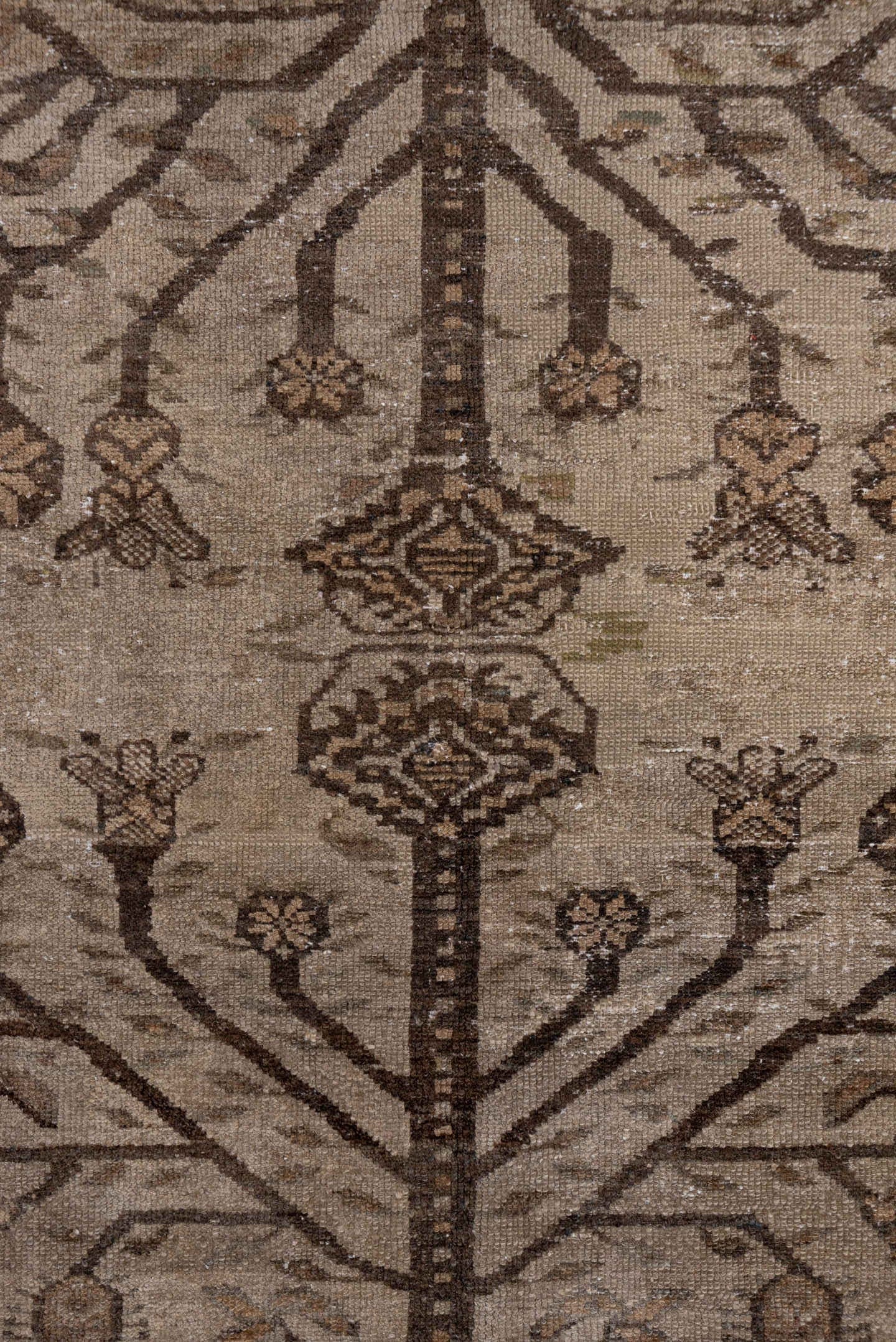 3' x 5' one-of-a-kind handmade antique Malayer small size rug. Color palette: ivory, taupe, brown, camel, beige, sage, gray