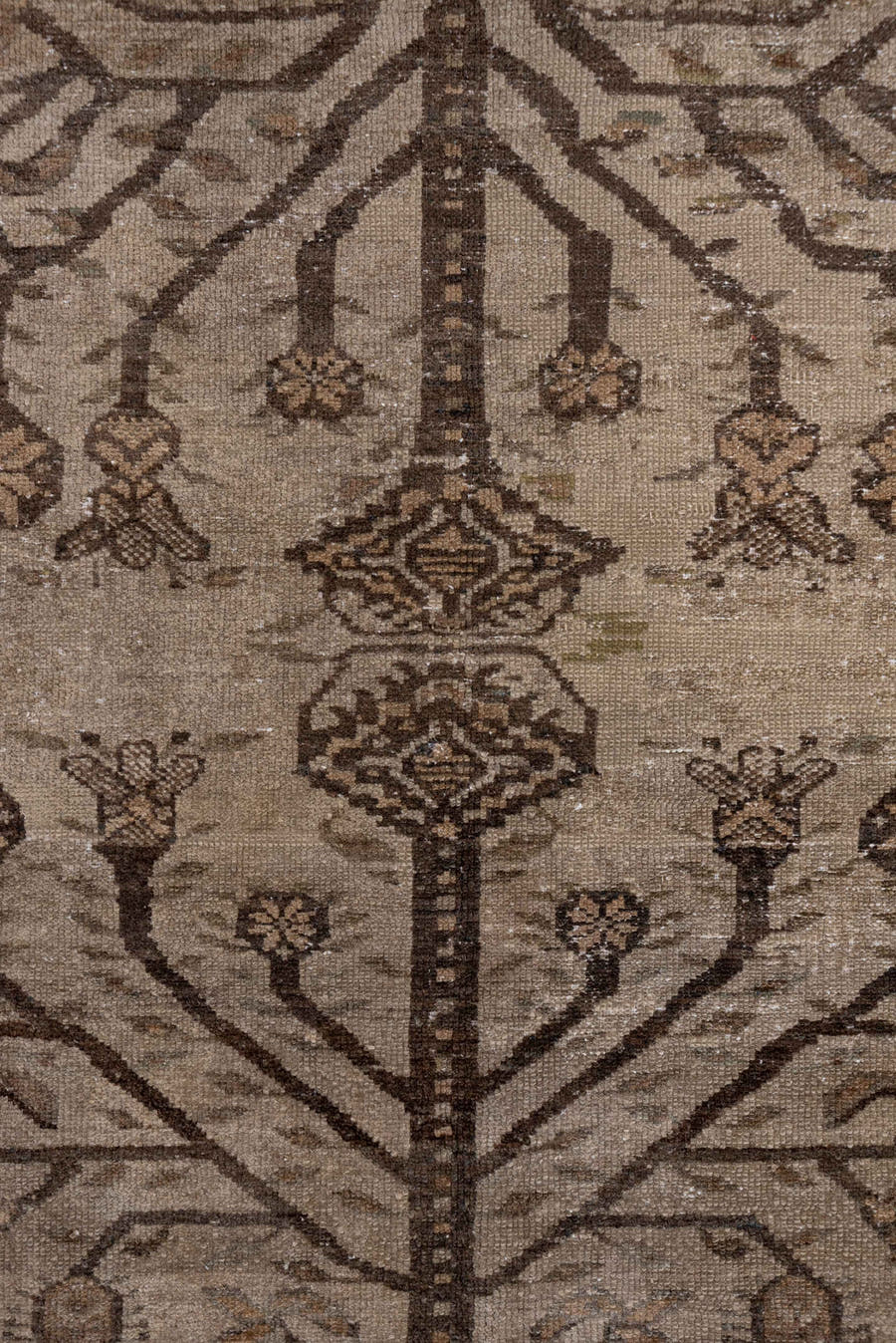 3' x 5' one-of-a-kind handmade antique Malayer small size rug. Color palette: ivory, taupe, brown, camel, beige, sage, gray