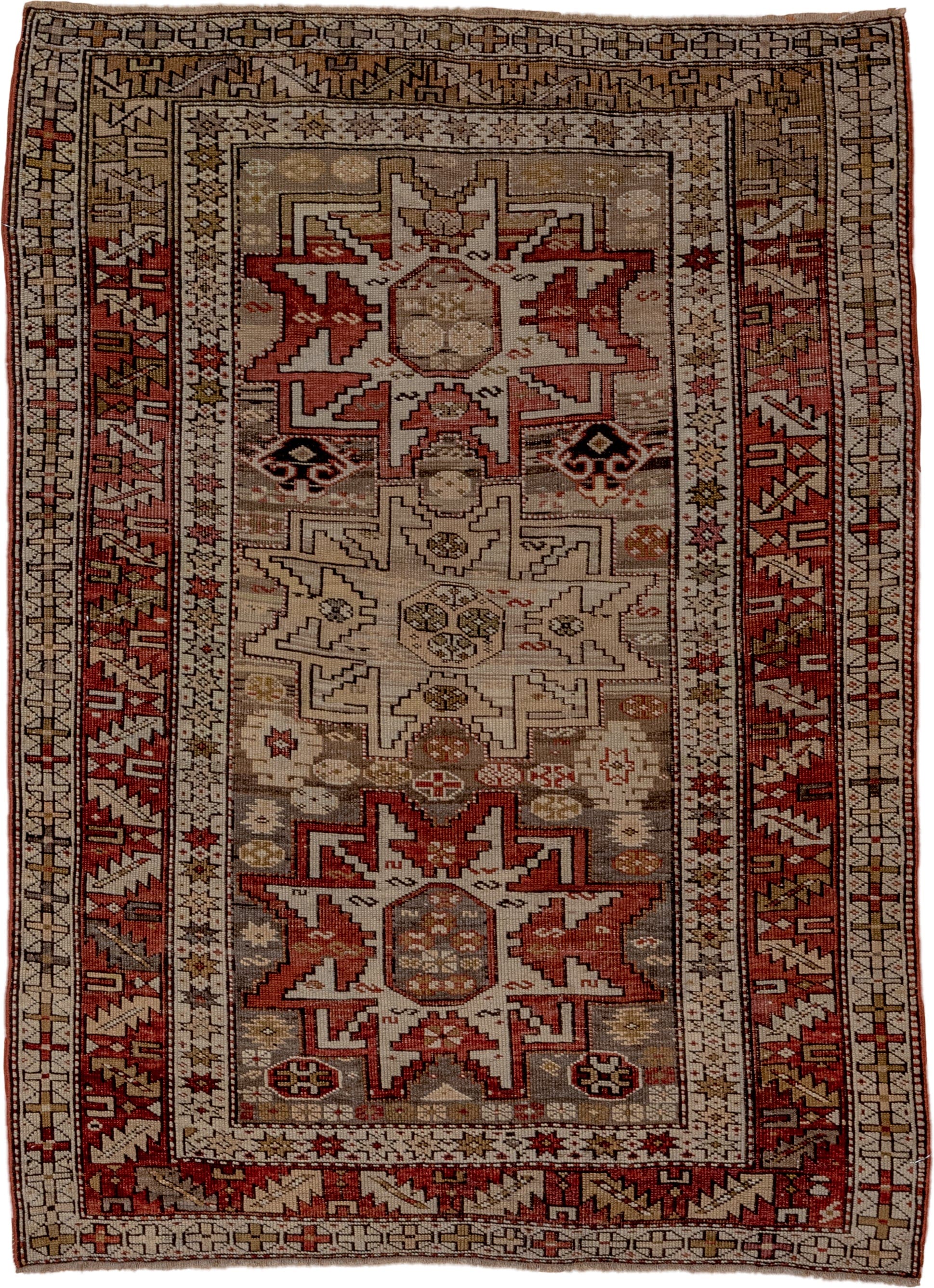 3' x 4' one-of-a-kind handmade antique Shirvan small size rug. Color palette: ivory, rust, taupe, brick, brown, charcoal