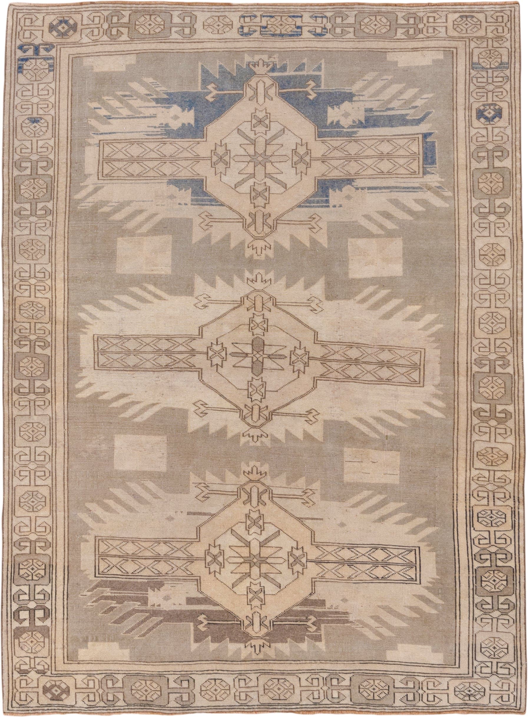 4' x 6' one-of-a-kind handmade antique Oushak small size rug. Color palette: taupe, ivory, beige, blue, camel, brown, gray
