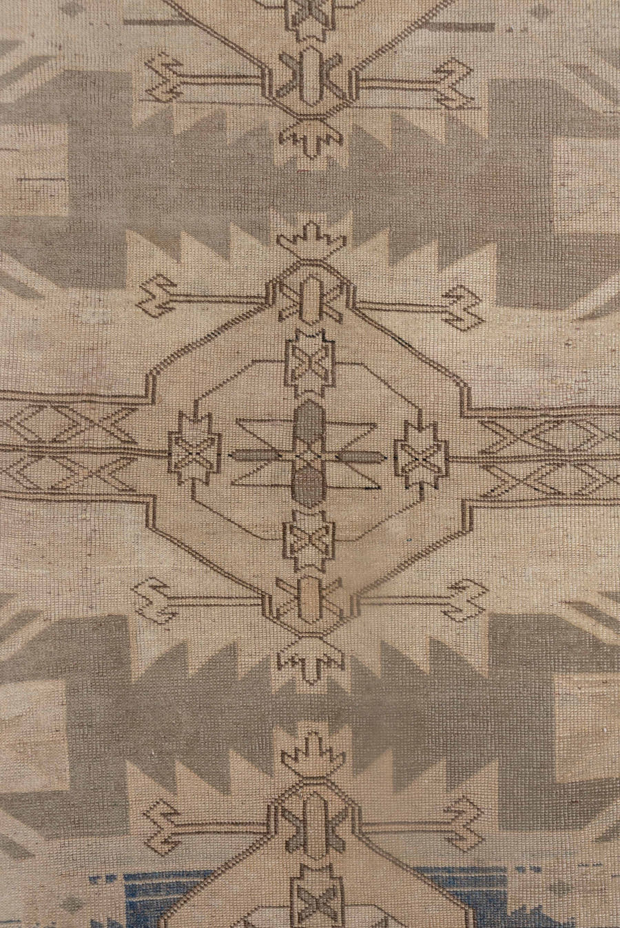 4' x 6' one-of-a-kind handmade antique Oushak small size rug. Color palette: taupe, ivory, beige, blue, camel, brown, gray