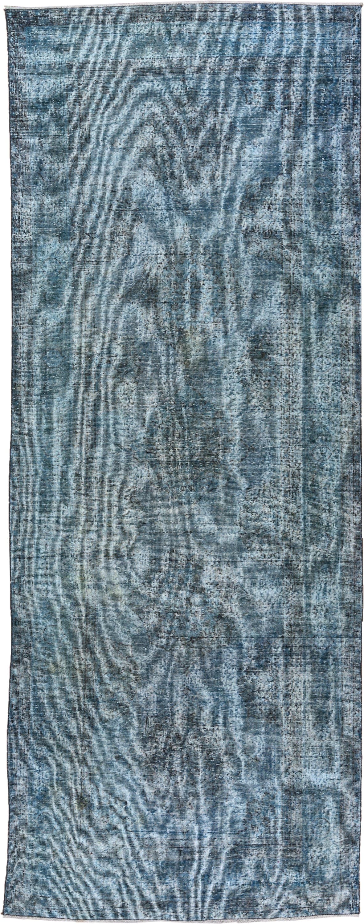 4' x 12' one-of-a-kind handmade vintage Overdyed runner rug. Color palette: sky blue, slate, charcoal, ice blue, light blue