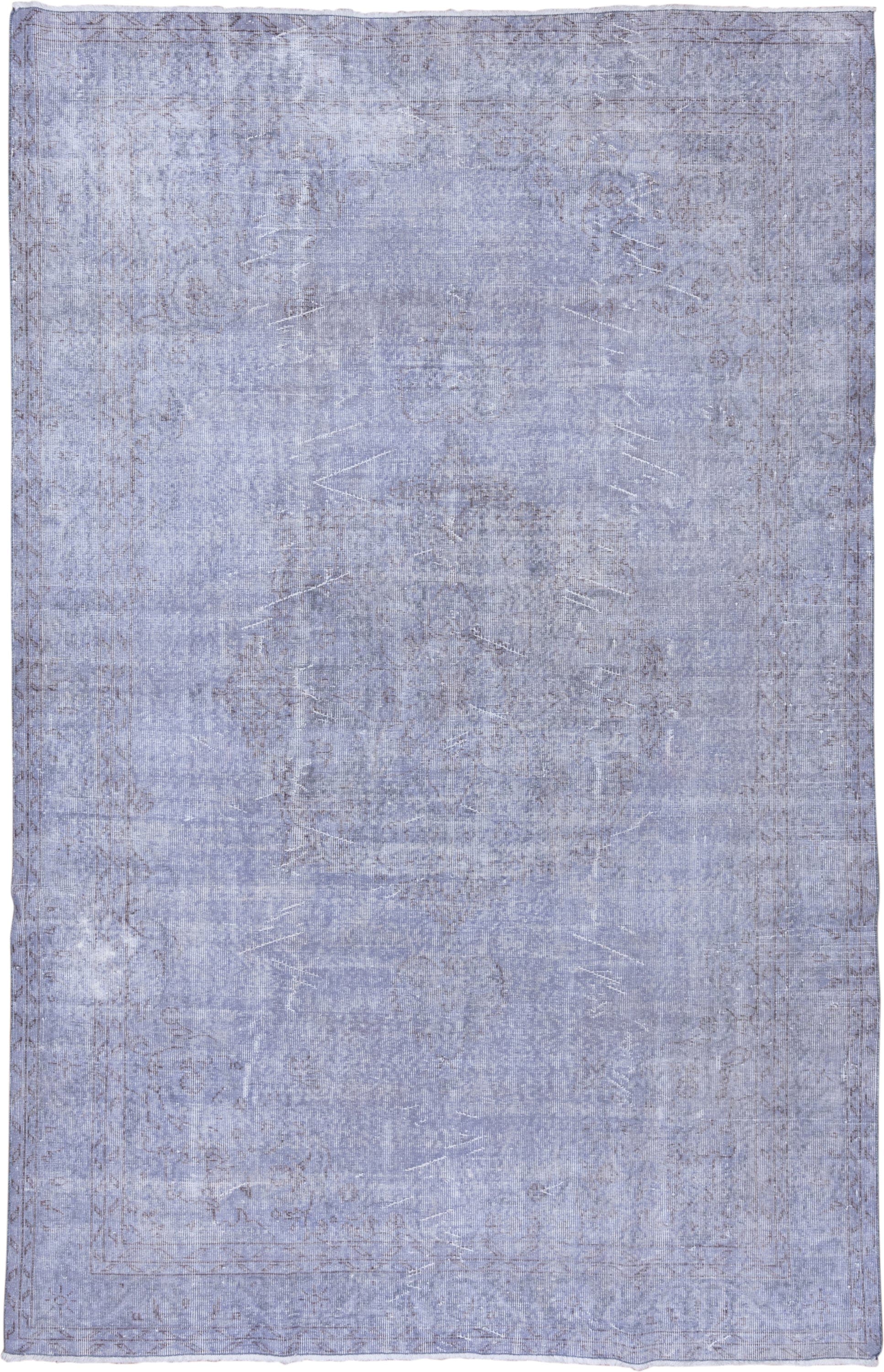 6' x 10' one-of-a-kind handmade vintage Overdyed large size rug. Color palette: lavender, periwinkle, slate, ivory