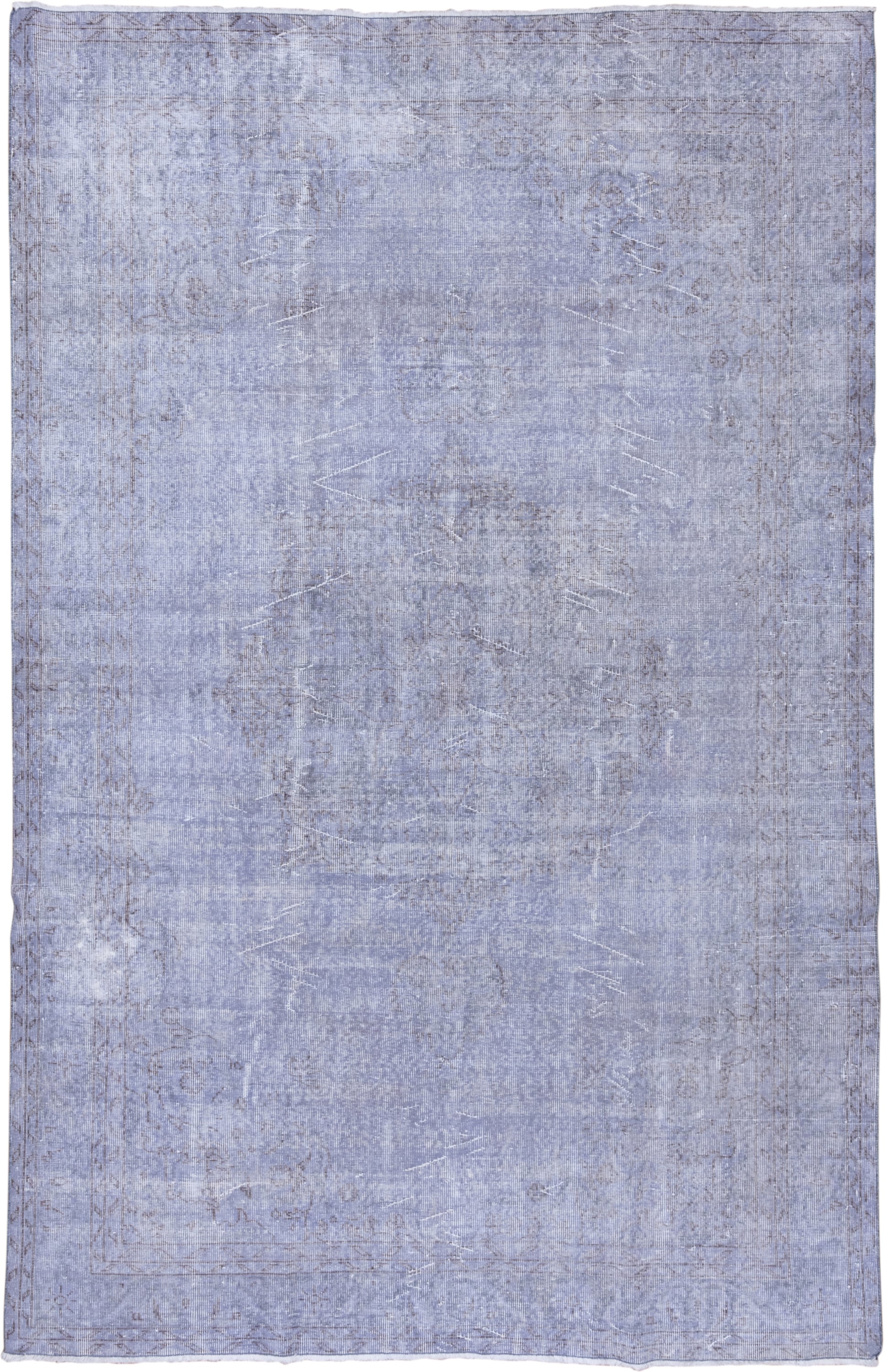 6' x 10' one-of-a-kind handmade vintage Overdyed large size rug. Color palette: lavender, periwinkle, slate, ivory