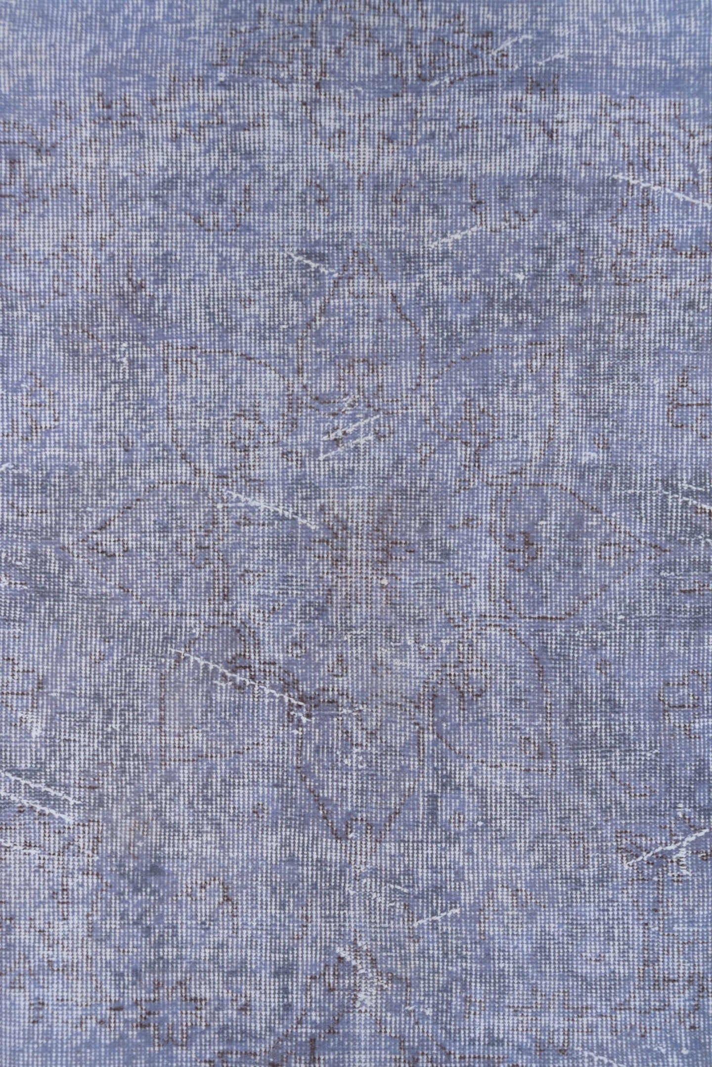 6' x 10' one-of-a-kind handmade vintage Overdyed large size rug. Color palette: lavender, periwinkle, slate, ivory