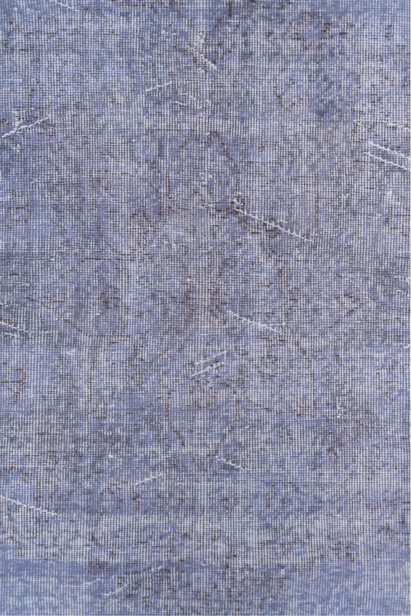 6' x 10' one-of-a-kind handmade vintage Overdyed large size rug. Color palette: lavender, periwinkle, slate, ivory