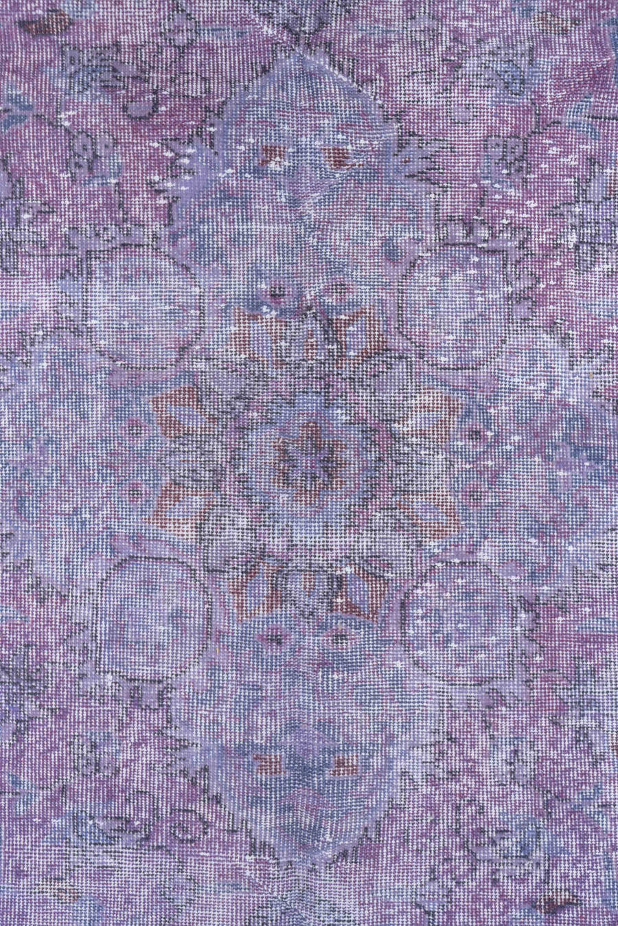 5' x 9' one-of-a-kind handmade vintage Overdyed medium size rug. Color palette: lavender, lilac, periwinkle, ivory, rose