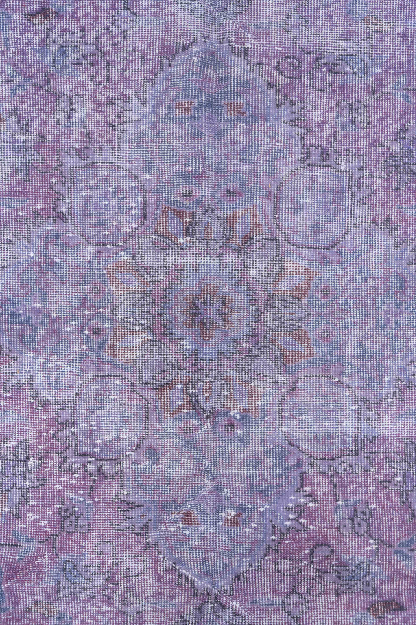 5' x 9' one-of-a-kind handmade vintage Overdyed medium size rug. Color palette: lavender, lilac, periwinkle, ivory, rose