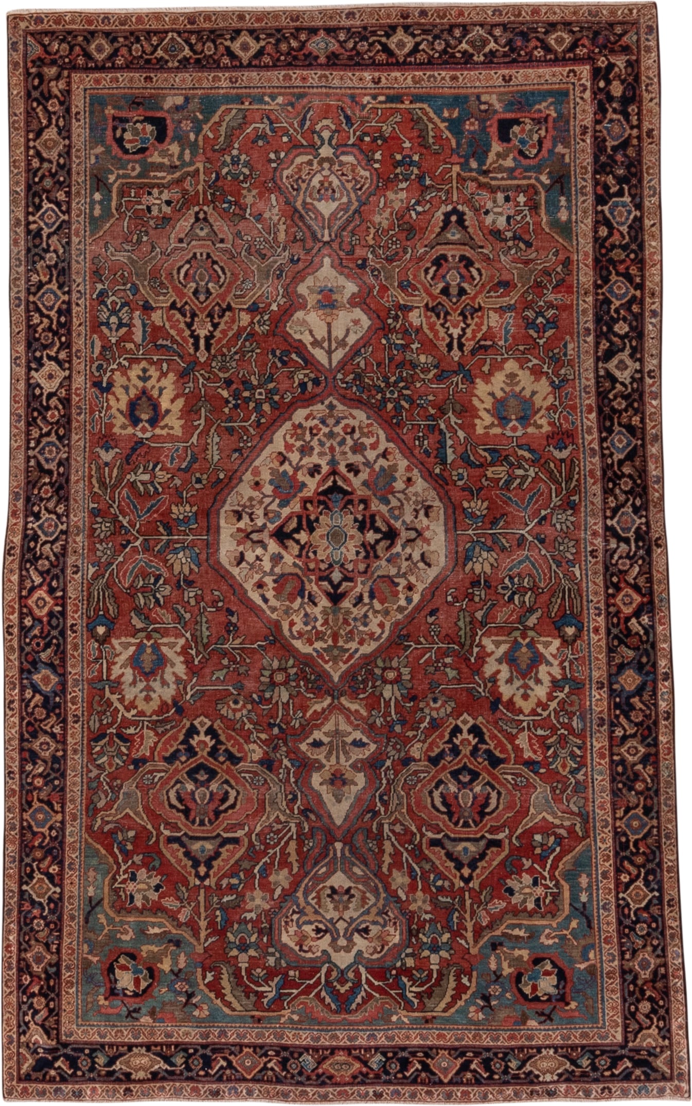 4' x 6' one-of-a-kind handmade antique Far.Sarouk small size rug. Color palette: rust, ivory, navy, soft blue, taupe, camel