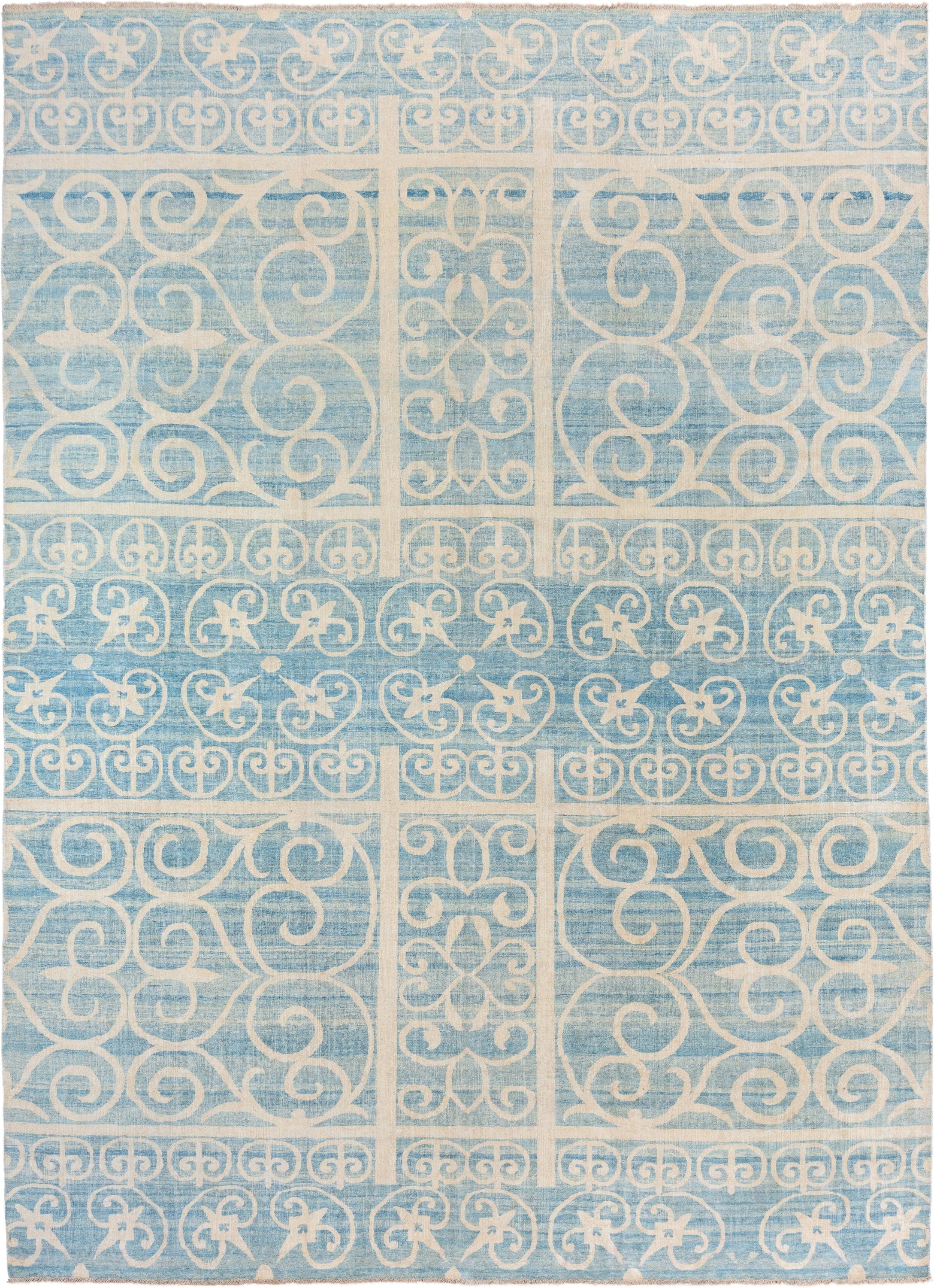 10' x 13' one-of-a-kind handmade vintage Khotan large size rug. Color palette: sky blue, ivory, cream, light blue