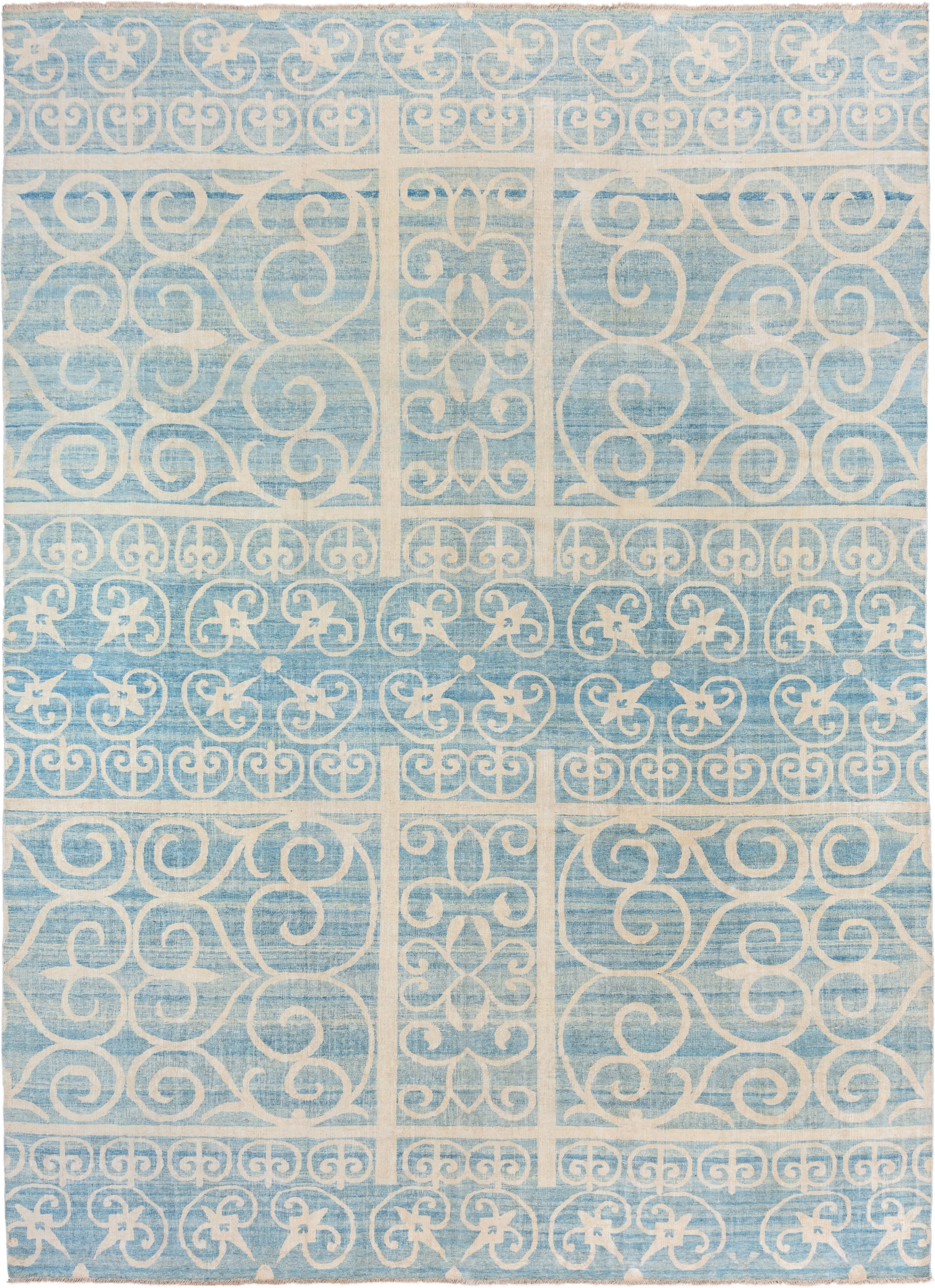 10' x 13' one-of-a-kind handmade vintage Khotan large size rug. Color palette: sky blue, ivory, cream, light blue