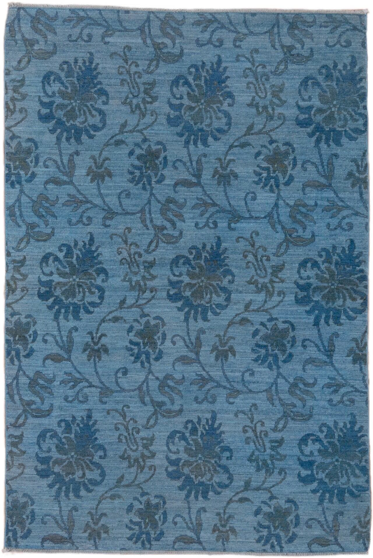 4' x 5' one-of-a-kind handmade vintage Overdyed small size rug. Color palette: sky blue, slate blue, steel blue, charcoal