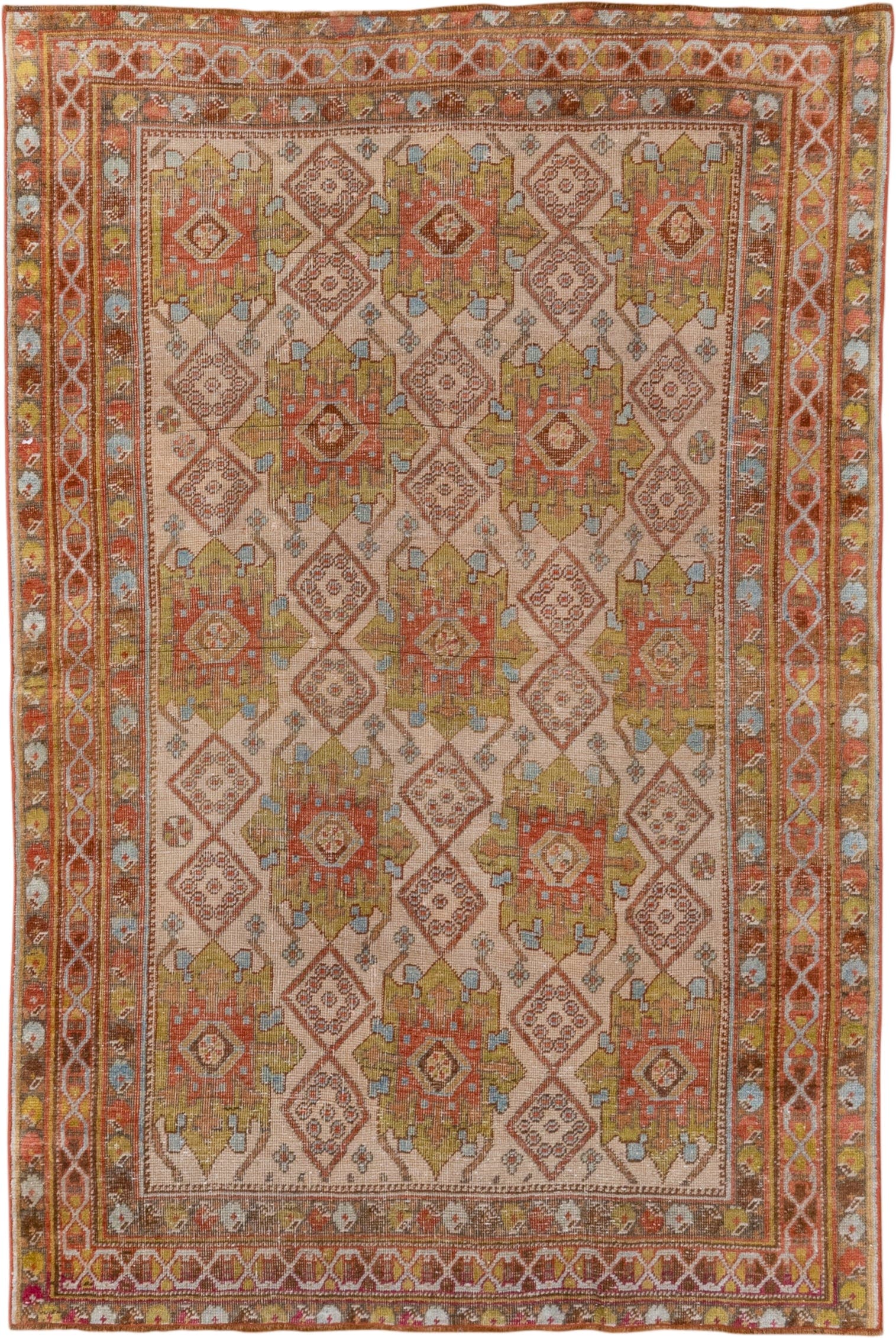 4' x 5' one-of-a-kind handmade antique Afshar small size rug. Color palette: ivory, rust, olive, terra cotta, sky blue