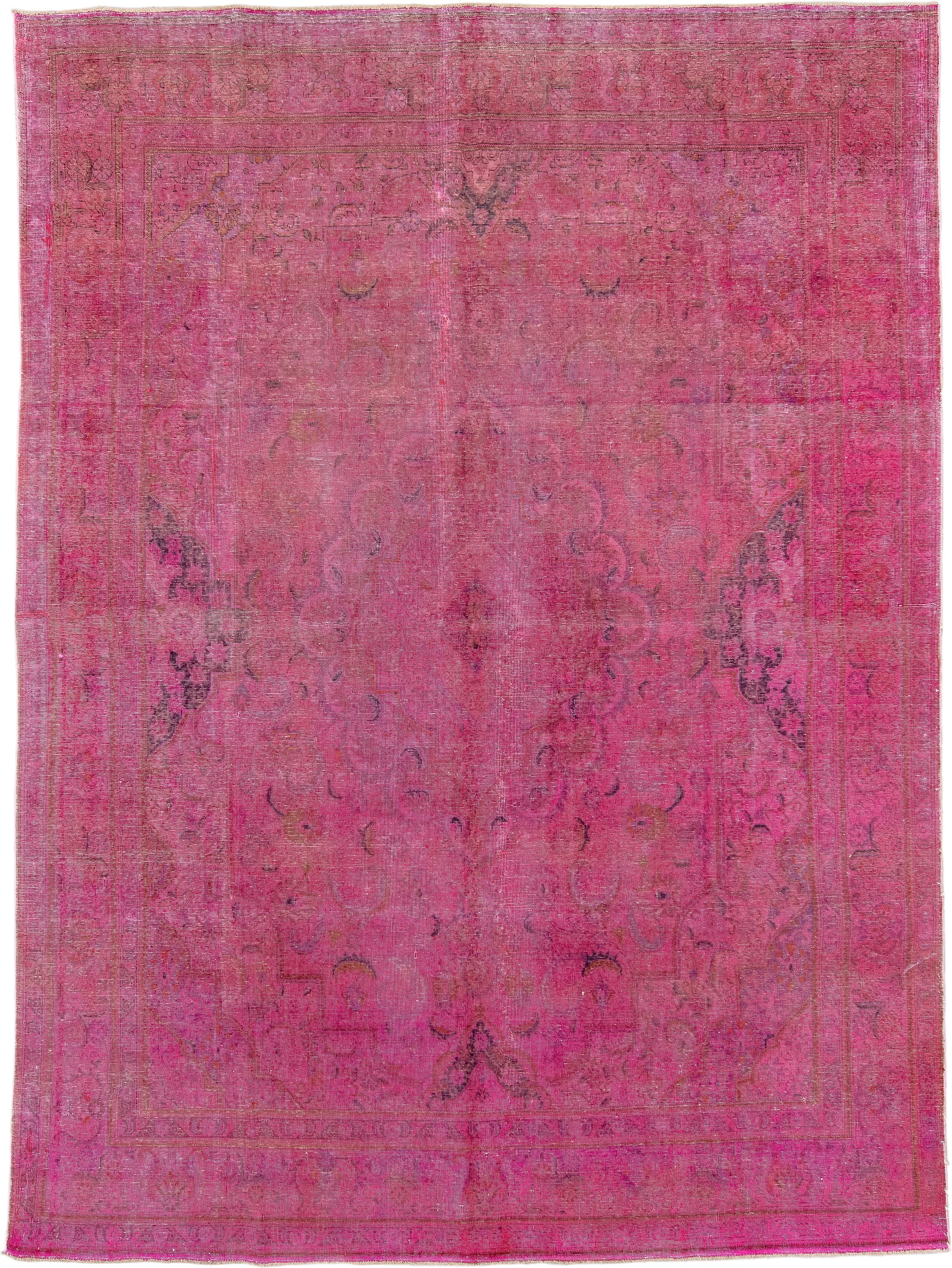 9' x 13' one-of-a-kind handmade vintage Overdyed large size rug. Color palette: pink, fuchsia, rose, magenta, plum, mauve