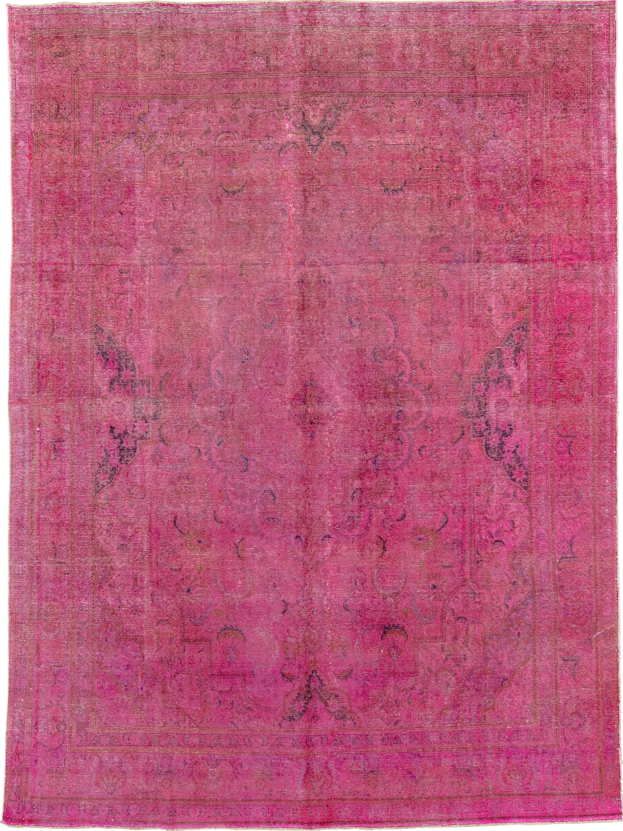 9' x 13' one-of-a-kind handmade vintage Overdyed large size rug. Color palette: brown, pale violet red, pink, red