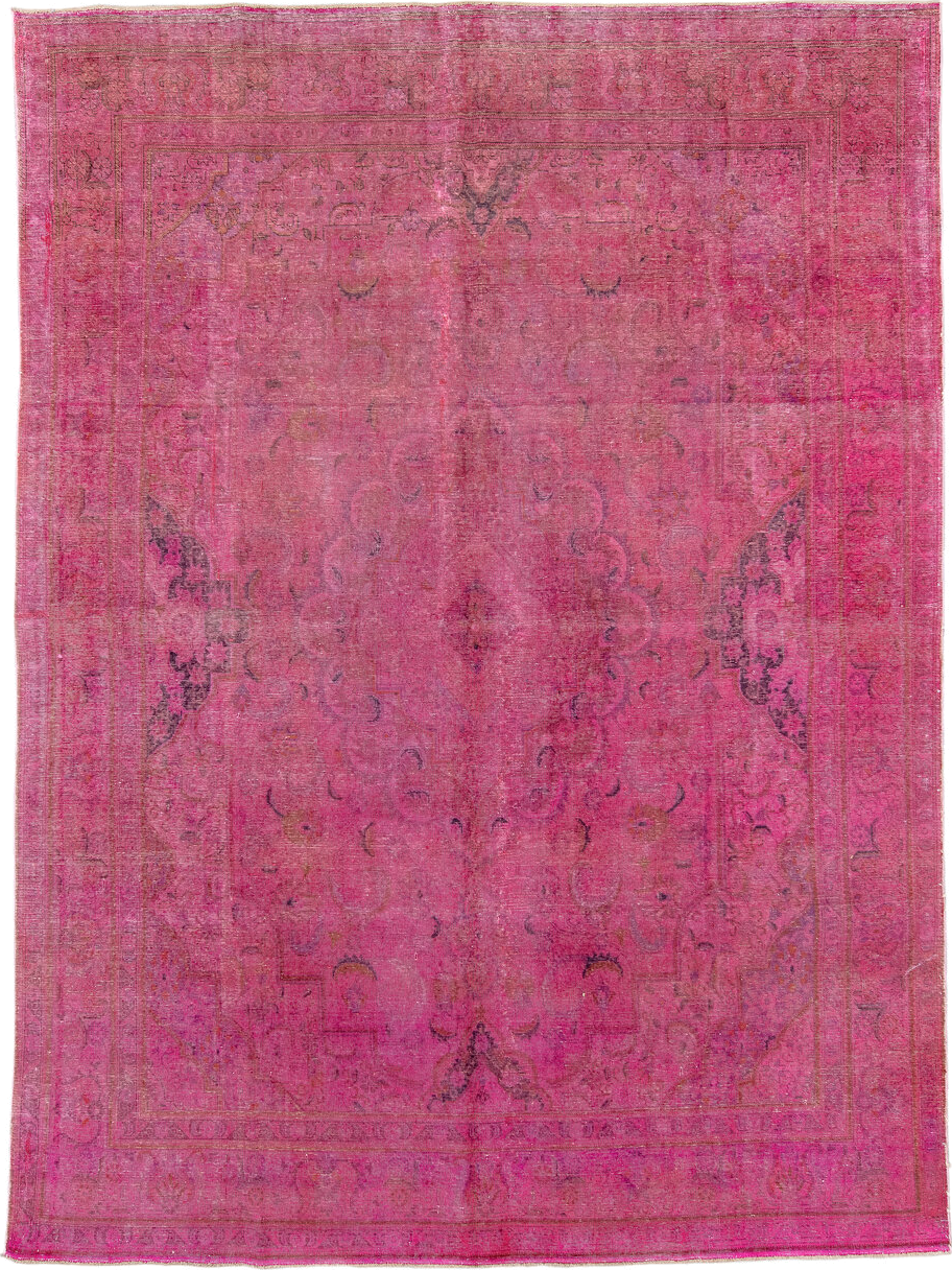 9' x 13' one-of-a-kind handmade vintage Overdyed large size rug. Color palette: pink, fuchsia, rose, magenta, plum, mauve