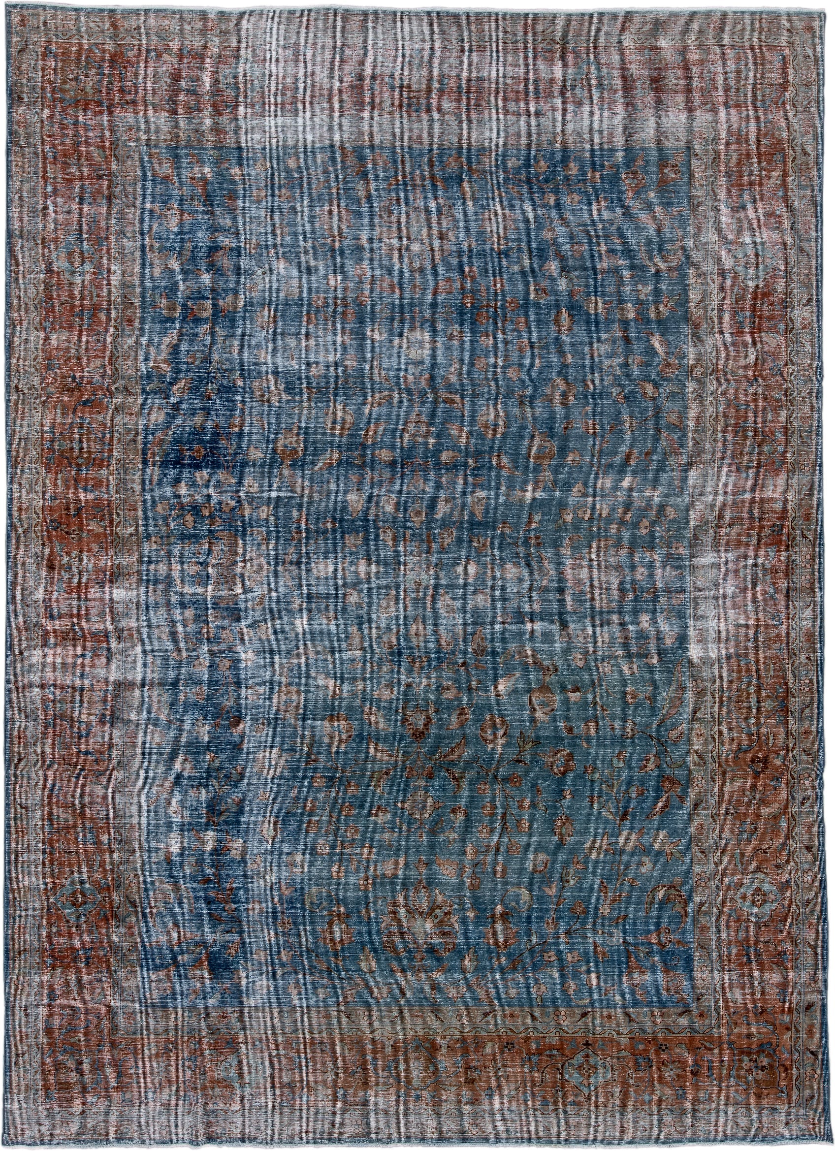 8' x 12' one-of-a-kind handmade antique Laristan large size rug. Color palette: blue, rust, ivory, taupe, slate, terra cotta