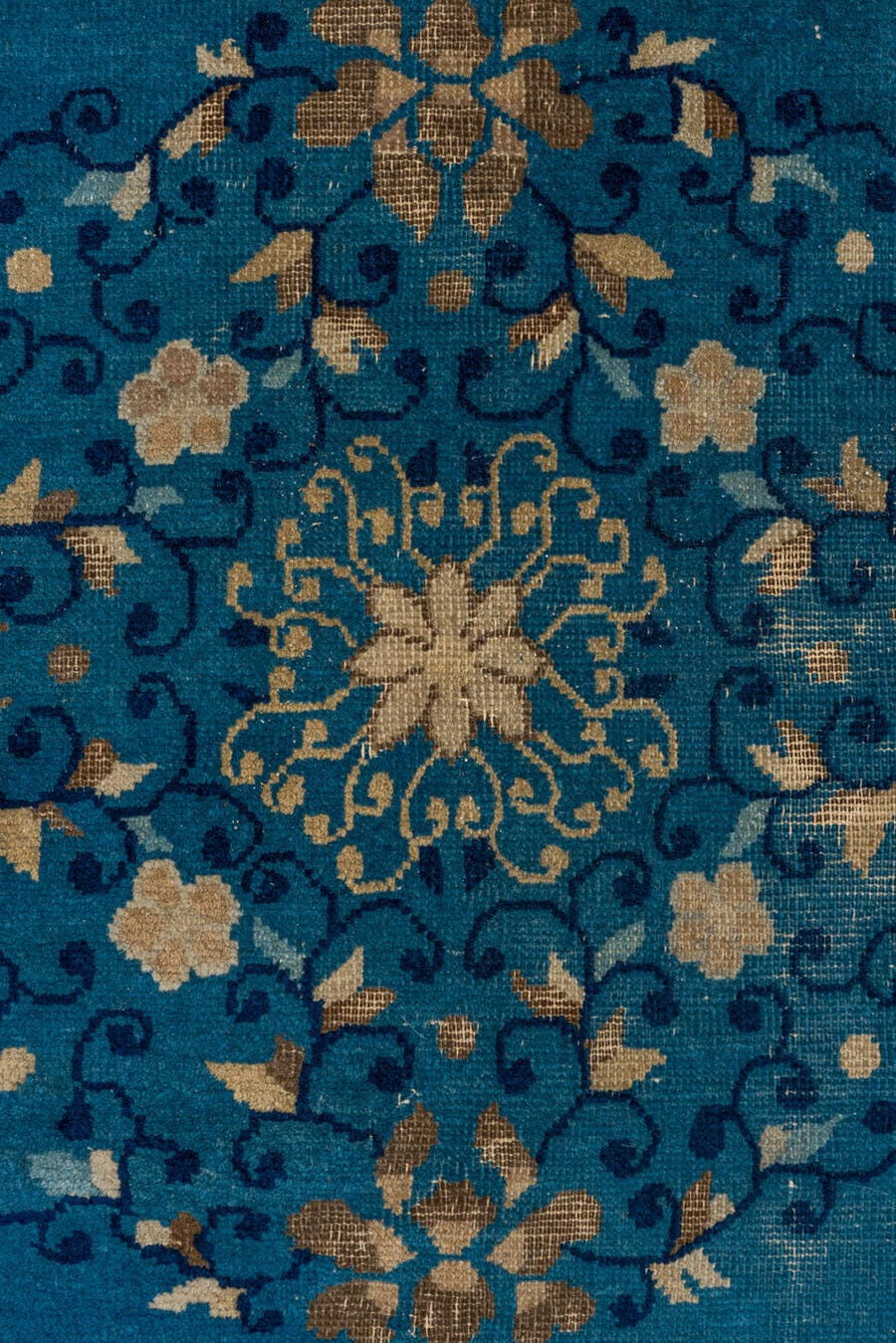 8' x 9' one-of-a-kind handmade vintage Chinese rug. Color palette: blue, ivory, navy, beige, teal, camel