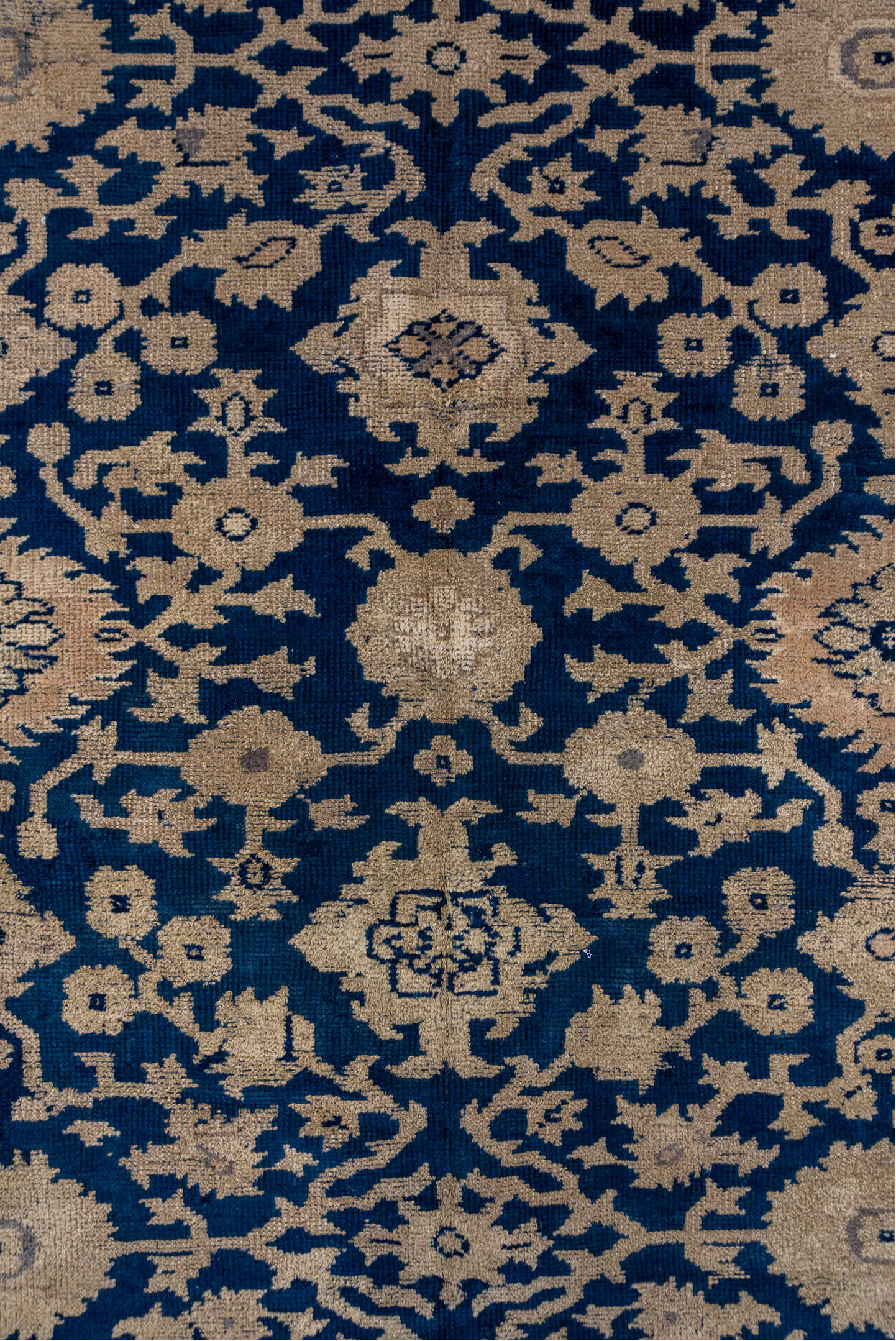 9' x 17' one-of-a-kind handmade antique Oushak rug. Color palette: navy, ivory, beige, taupe, blue, gray