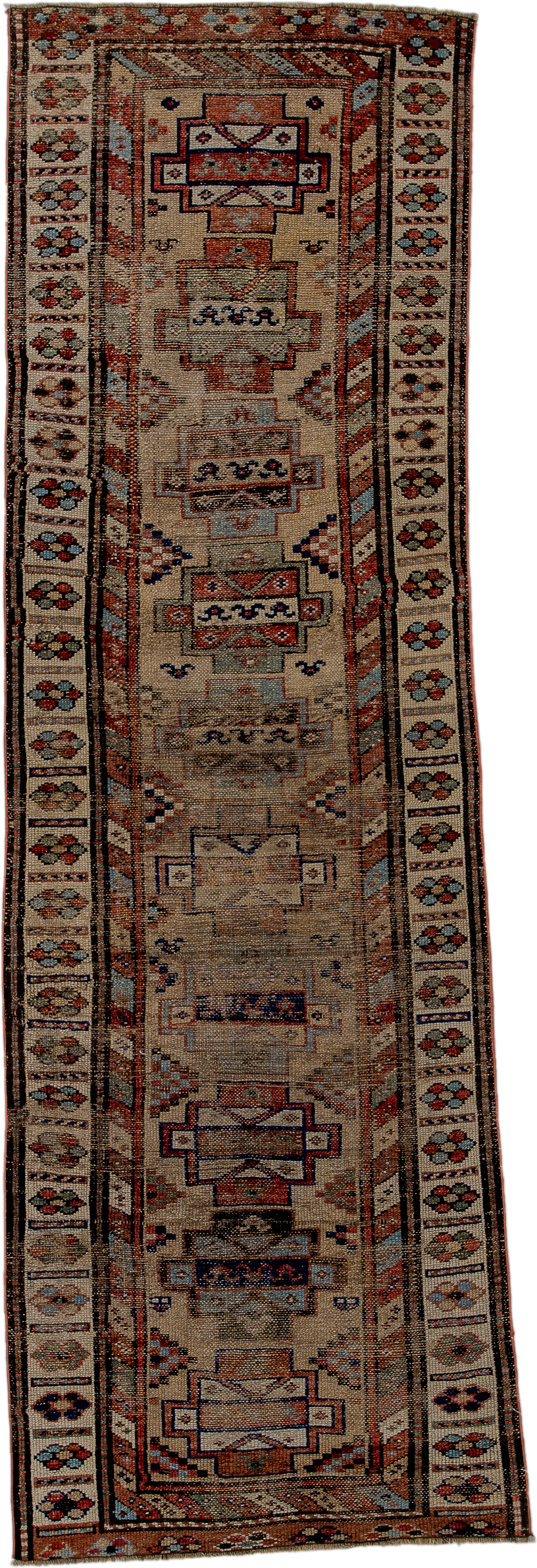2' x 8' one-of-a-kind handmade antique NW Persian runner rug. Color palette: ivory, rust, indigo, camel, taupe, charcoal