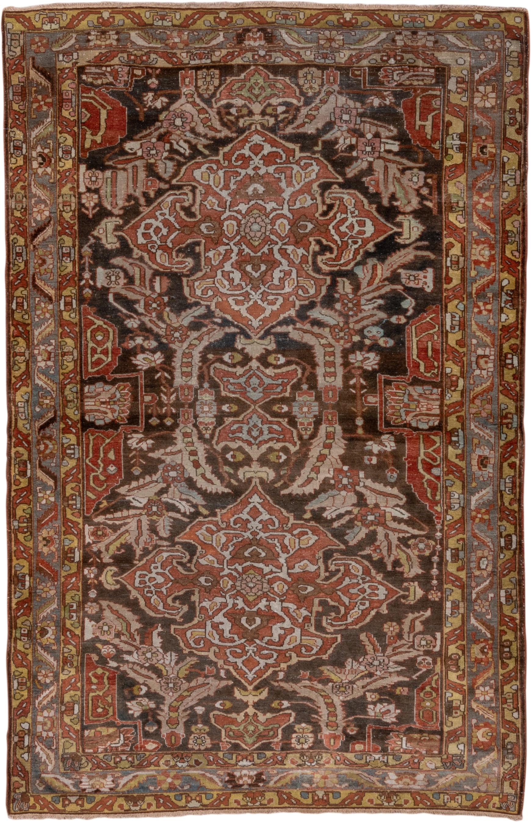 4' x 6' one-of-a-kind handmade antique Baktiary small size rug. Color palette: brown, rust, ivory, slate, camel, terra cotta