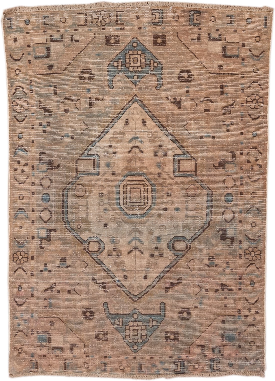 3' x 4' one-of-a-kind handmade antique Hamadan small size rug. Color palette: taupe, camel, ivory, slate, charcoal