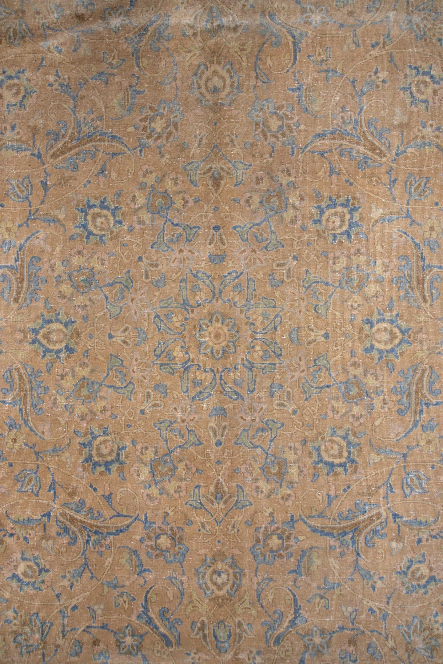 9' x 12' one-of-a-kind handmade antique Kashan large size rug. Color palette: beige, pale blue, ivory, taupe, camel