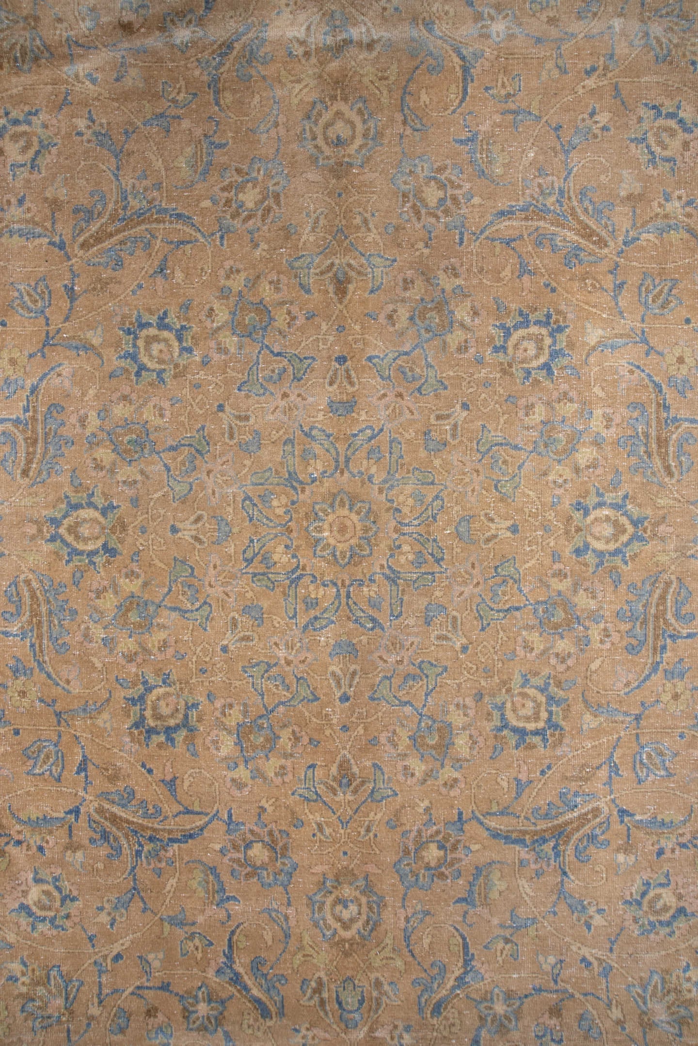 9' x 12' one-of-a-kind handmade antique Kashan large size rug. Color palette: beige, pale blue, ivory, taupe, camel