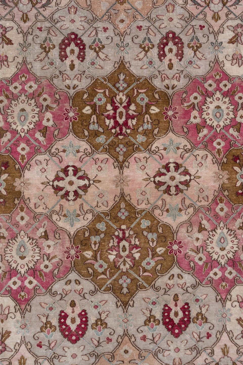 10' x 12' one-of-a-kind handmade antique Kerman large size rug. Color palette: ivory, rose, burgundy, taupe, camel, blush