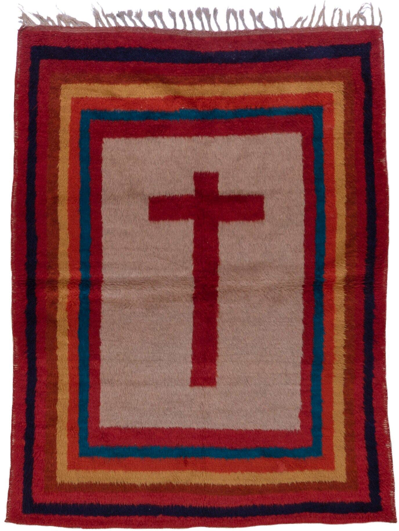 4' x 6' one-of-a-kind handmade vintage Gabbe rug. Color palette: taupe, crimson, indigo, gold, teal, rust, mahogany, beige