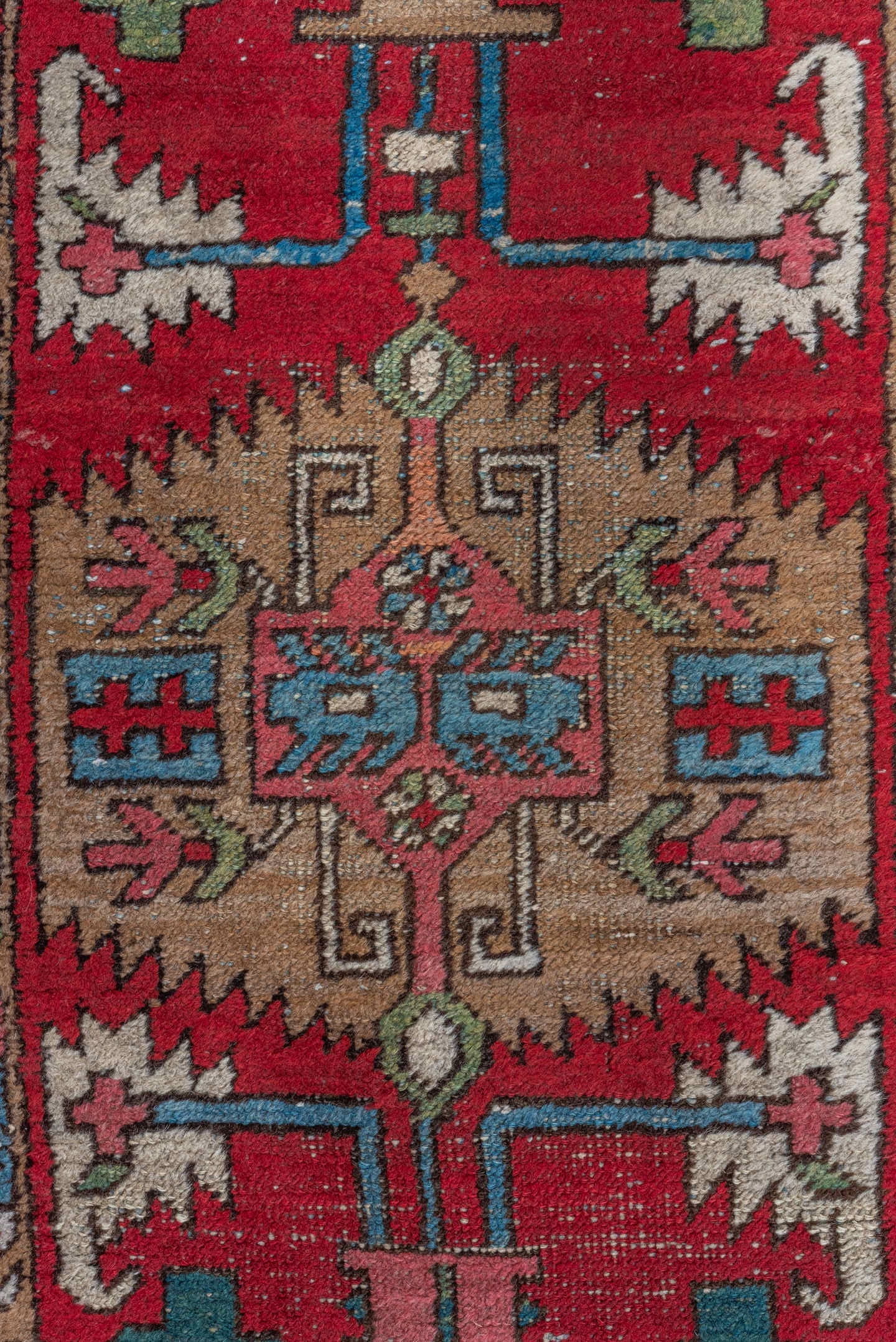 3' x 7' one-of-a-kind handmade vintage Heriz runner rug. Color palette: red, navy, camel, ivory, sky_blue, rose, olive, blue