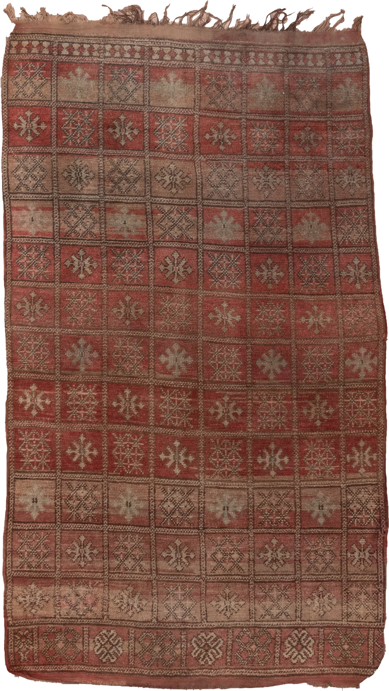 4' x 7' one-of-a-kind handmade vintage Moroccan rug. Color palette: terra cotta, camel, taupe, rust, brown, ivory