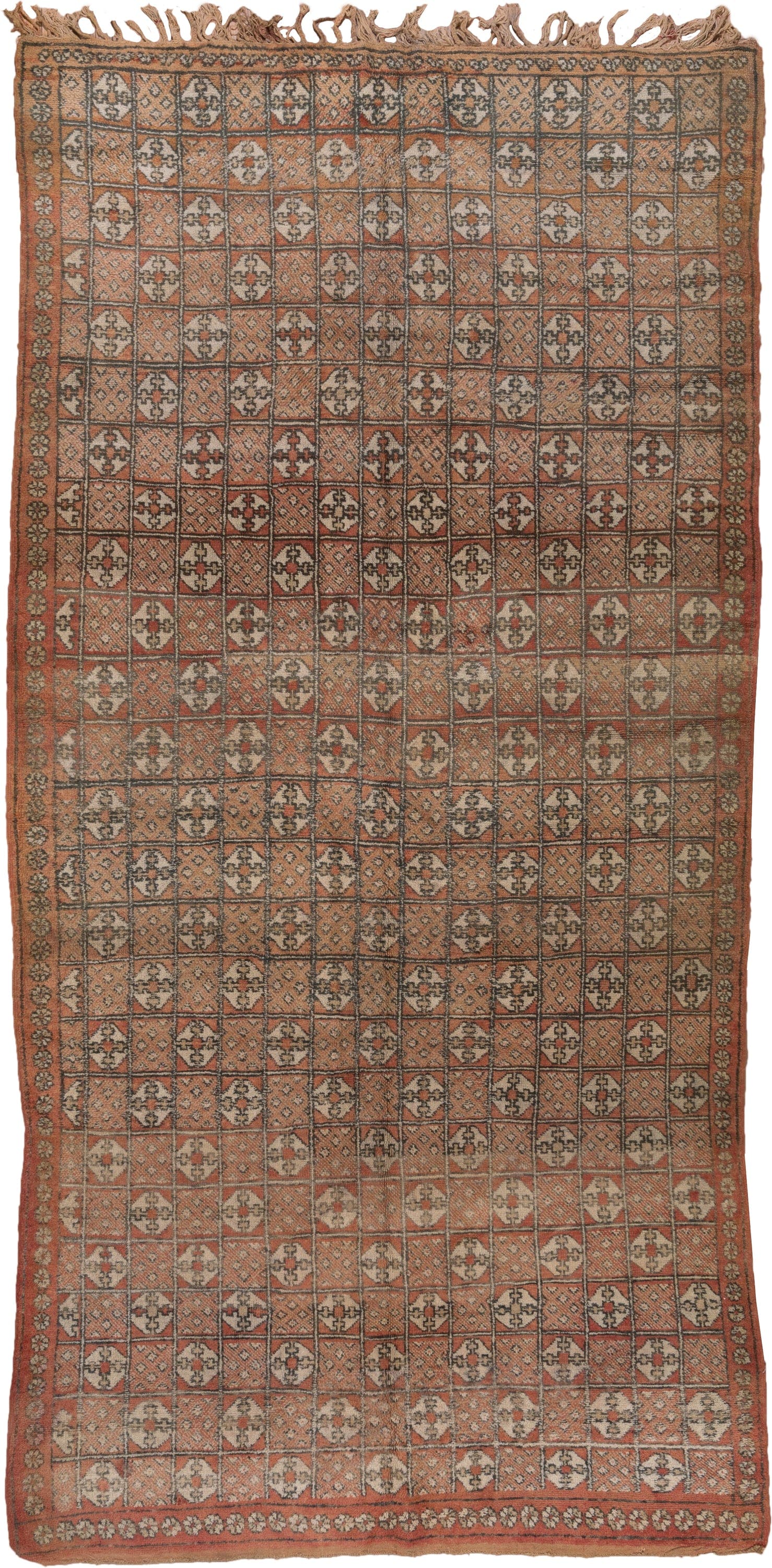 5' x 10' one-of-a-kind handmade vintage Moroccan medium size rug. Color palette: terra cotta, ivory, charcoal, camel, taupe