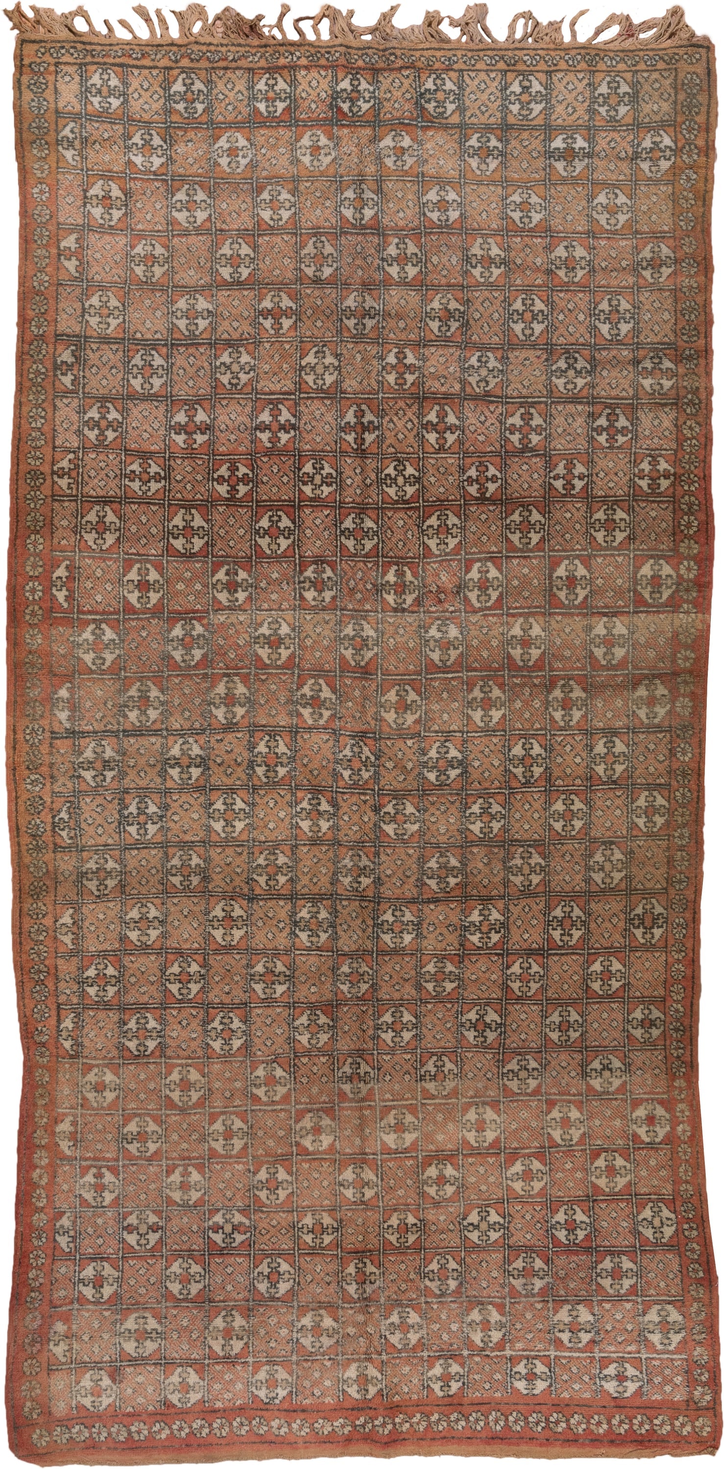 5' x 10' one-of-a-kind handmade vintage Moroccan medium size rug. Color palette: terra cotta, ivory, charcoal, camel, taupe