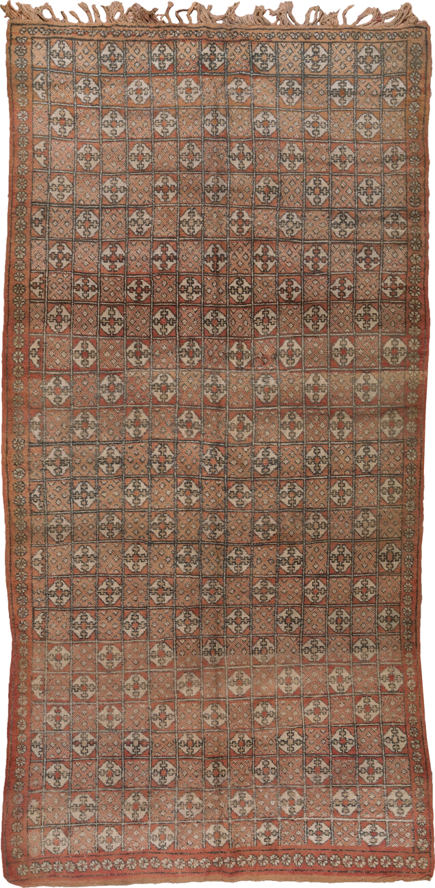 5' x 10' one-of-a-kind handmade vintage Moroccan medium size rug. Color palette: brown, gray, pink