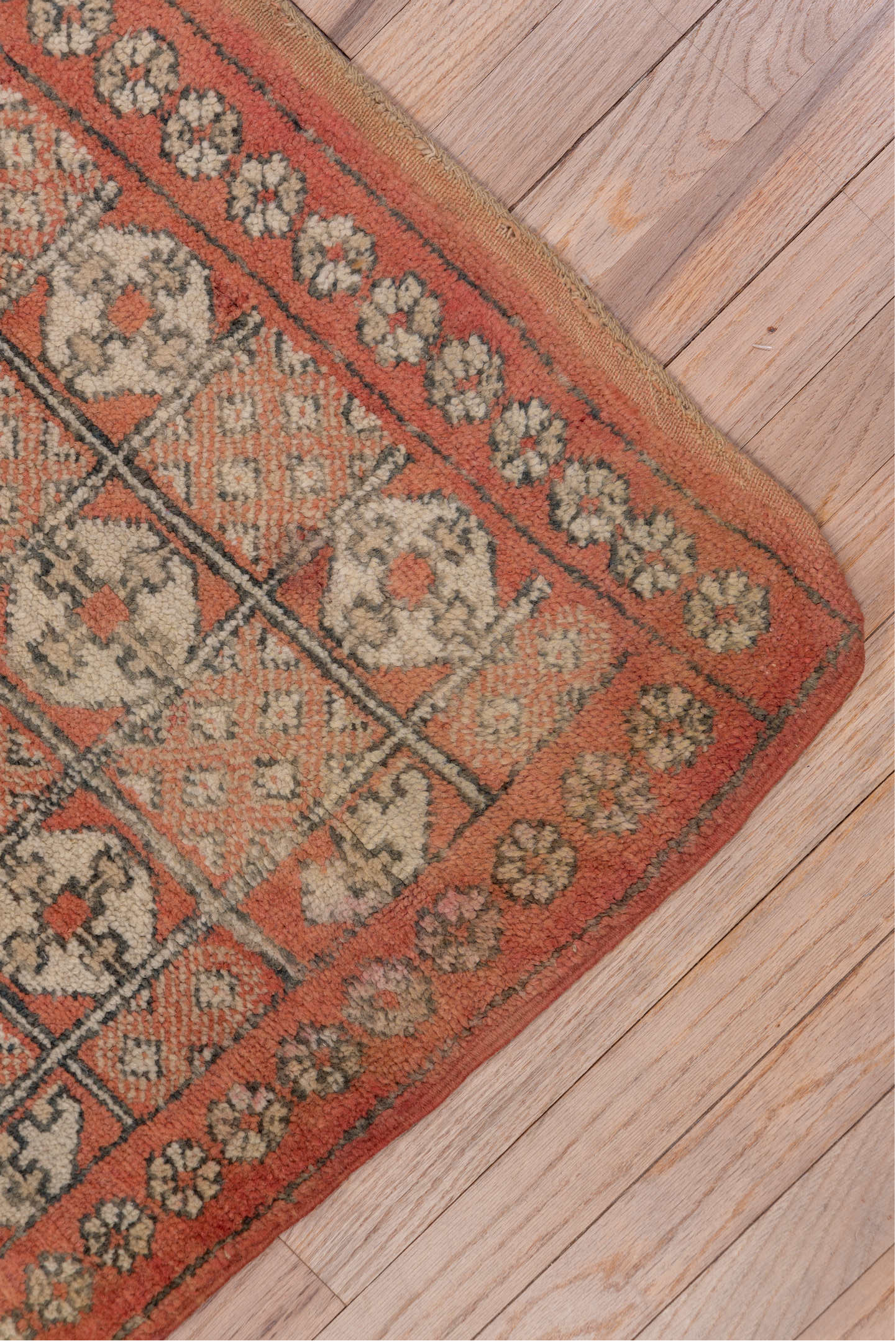 5' x 10' one-of-a-kind handmade vintage Moroccan medium size rug. Color palette: brown, gray, pink