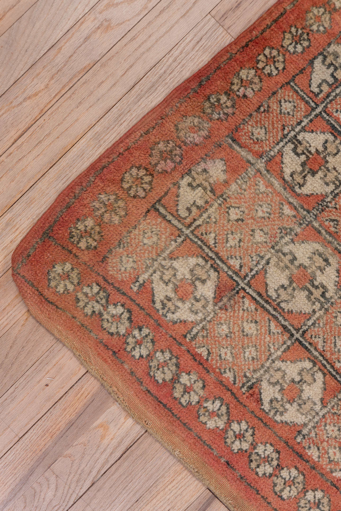 5' x 10' one-of-a-kind handmade vintage Moroccan medium size rug. Color palette: terra cotta, ivory, charcoal, camel, taupe