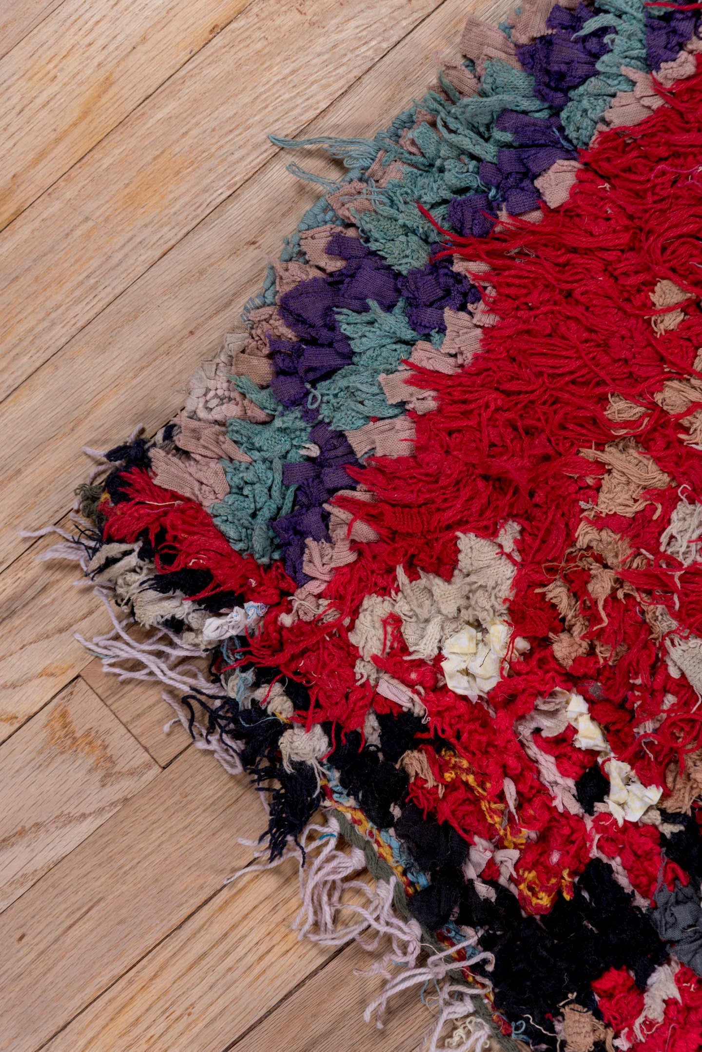 4' x 6' one-of-a-kind handmade vintage Moroccan small size rug. Color palette: crimson, ivory, charcoal, teal, pink, gray
